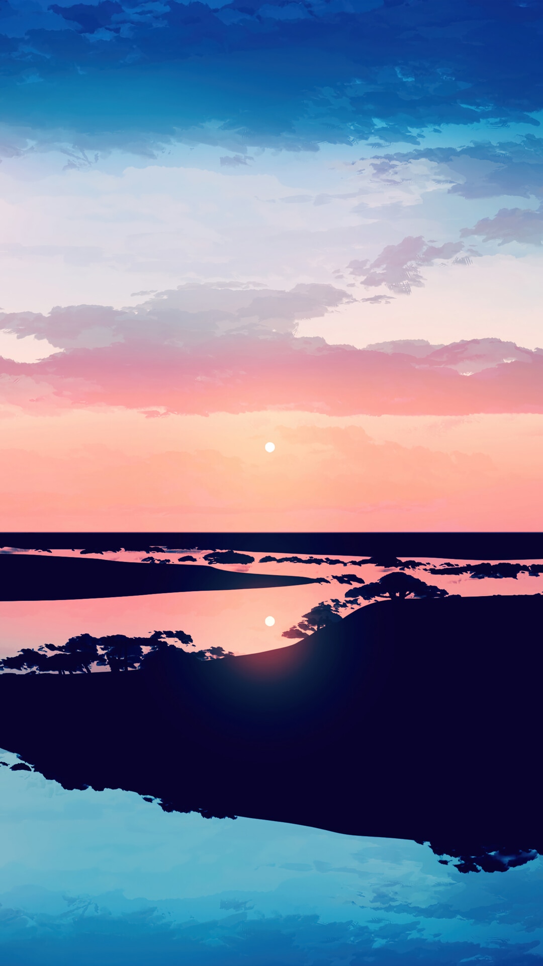 Anime Scenery of a Sunrise over a River HD Phone Wallpaper
