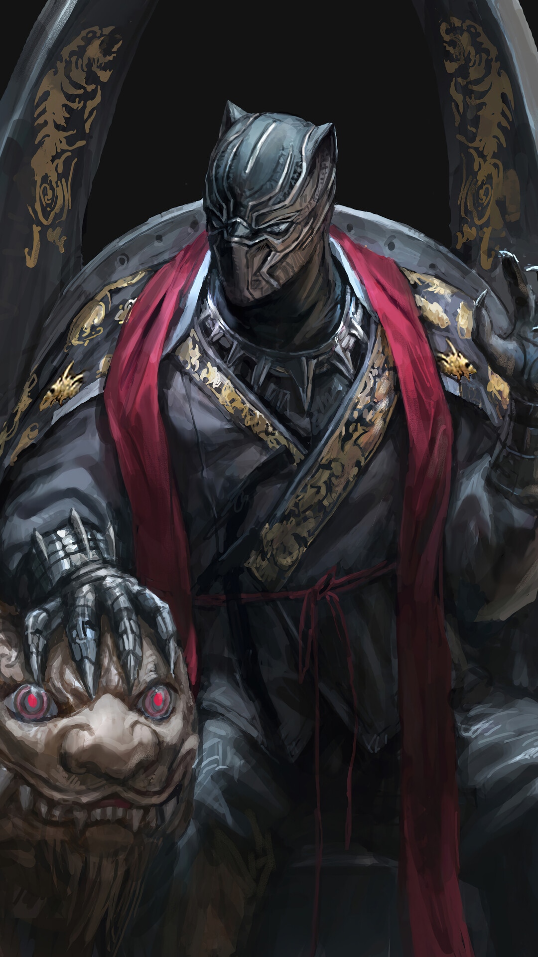 Black Panther in ornate armor with a demon-like creature HD Phone Wallpaper