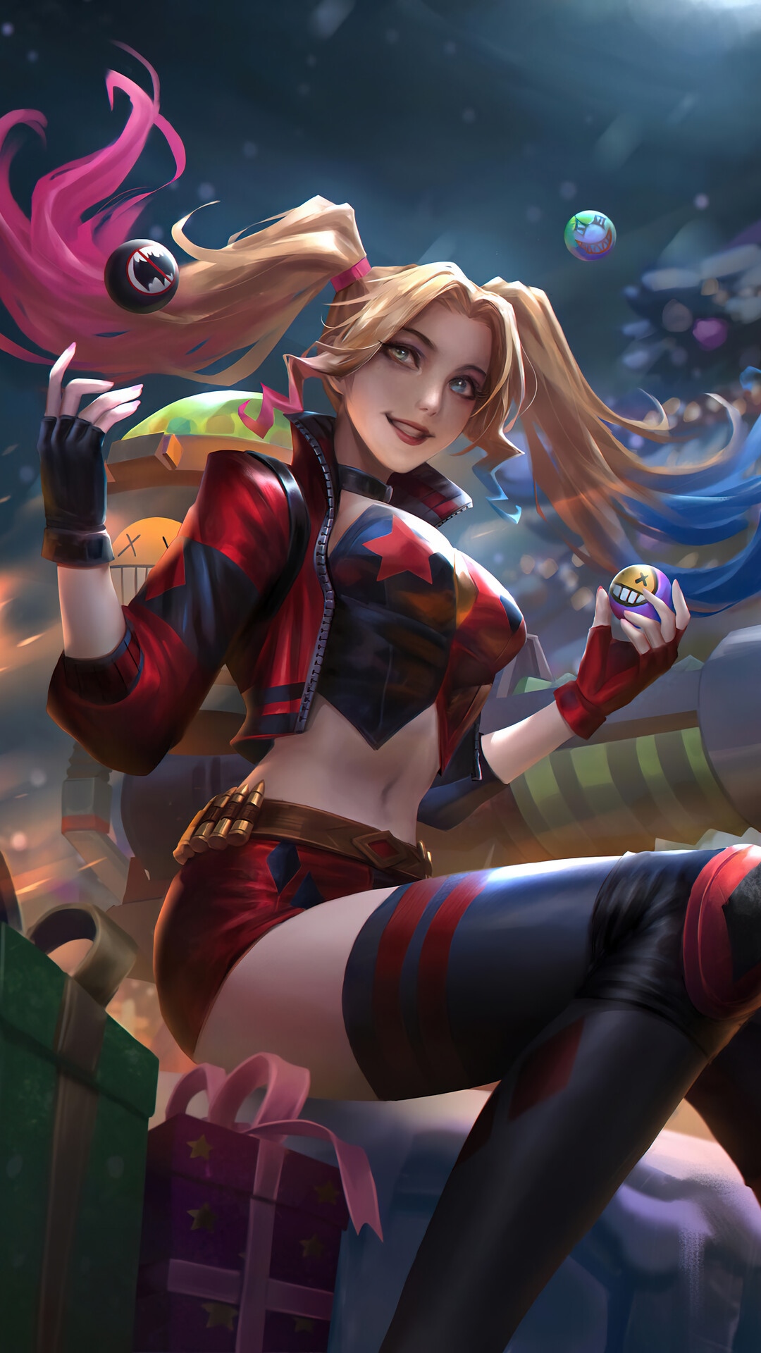 Harley Quinn in a festive, dark setting HD Phone Wallpaper