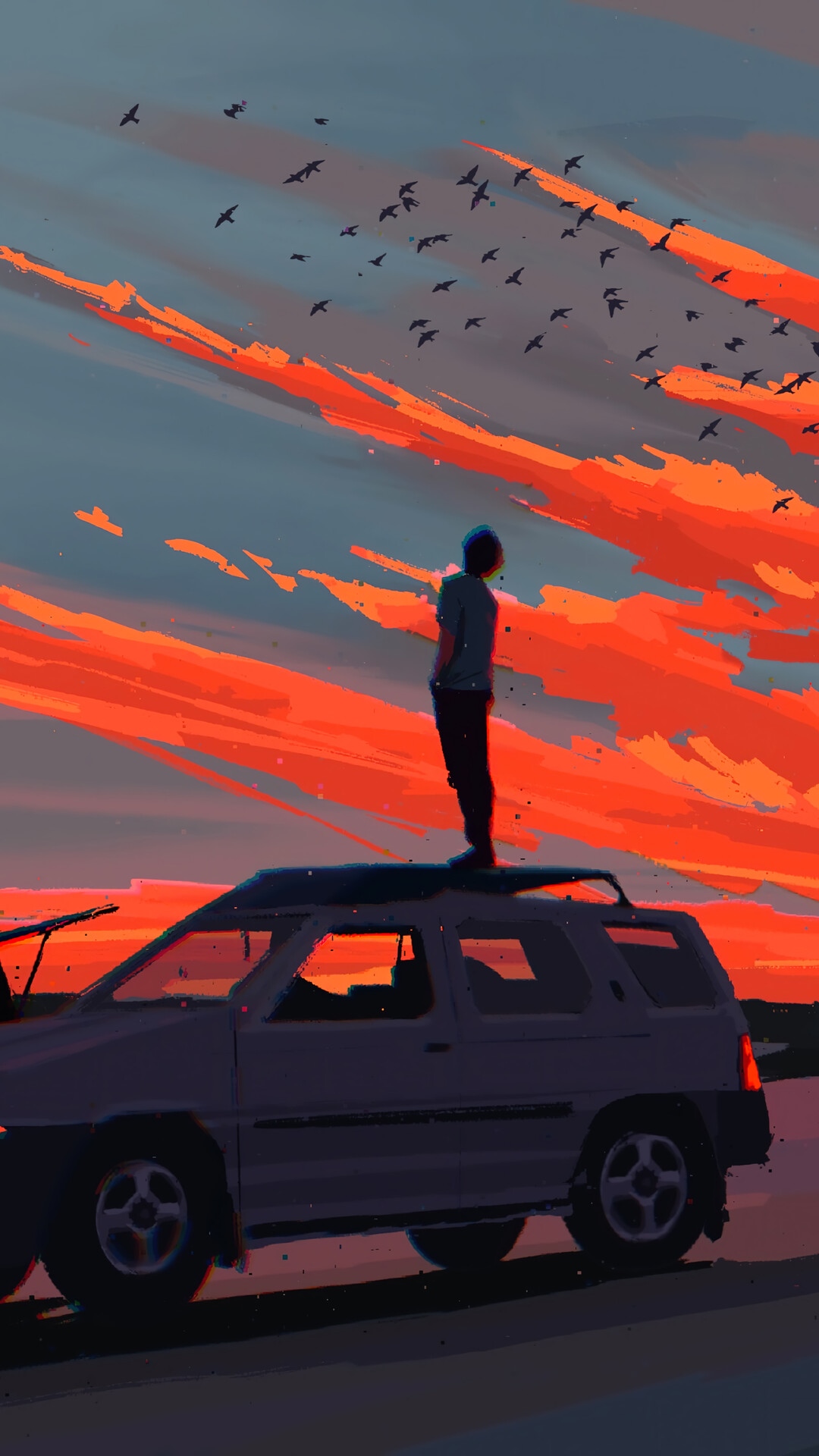 Person standing on a van during sunset with birds flying HD Phone Wallpaper
