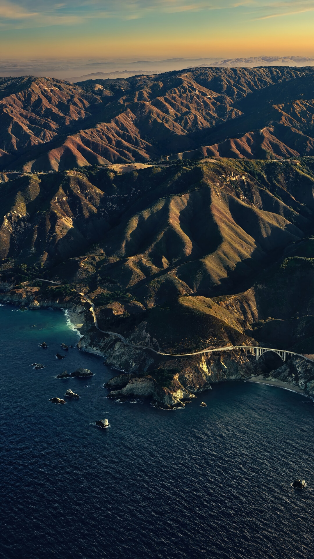 Aerial view of Bixby Creek Bridge and Big Sur mountains HD Phone Wallpaper