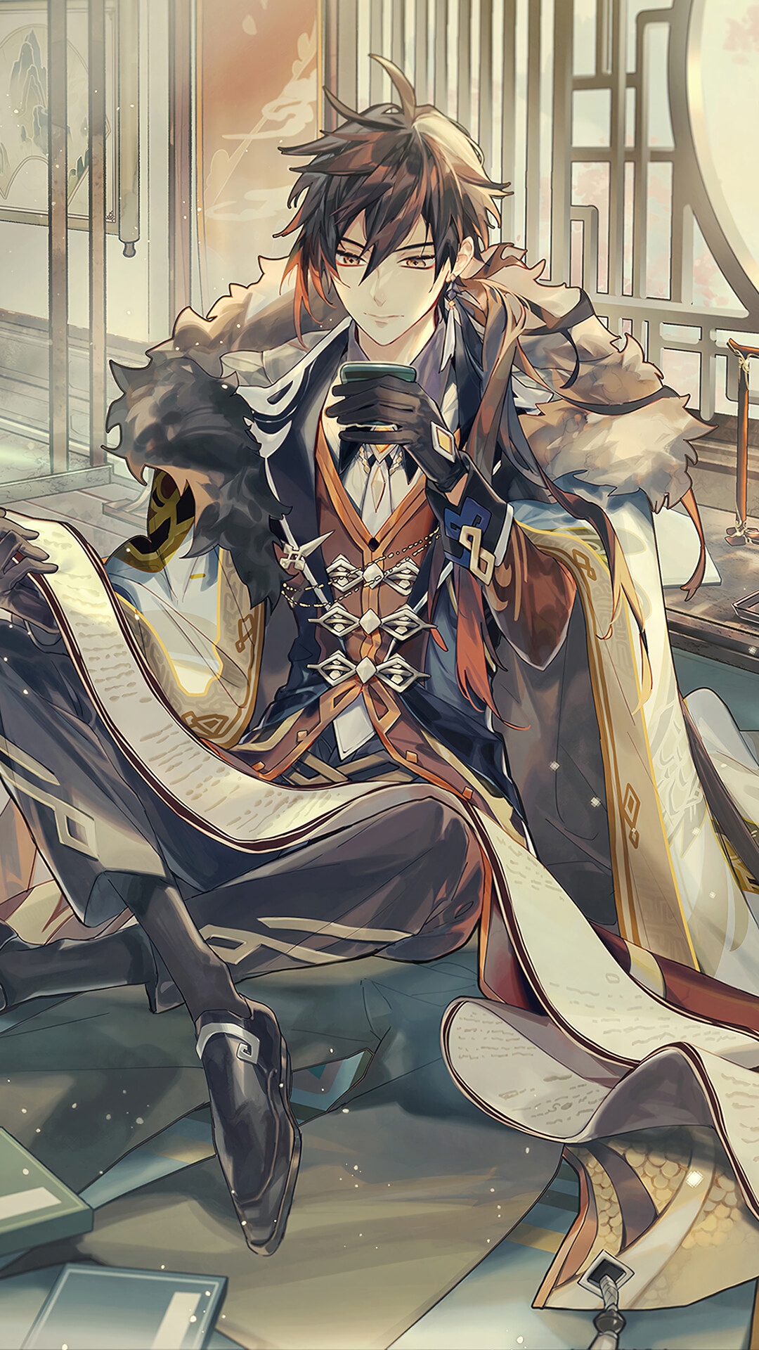 Zhongli from Genshin Impact holding a cup HD Phone Wallpaper