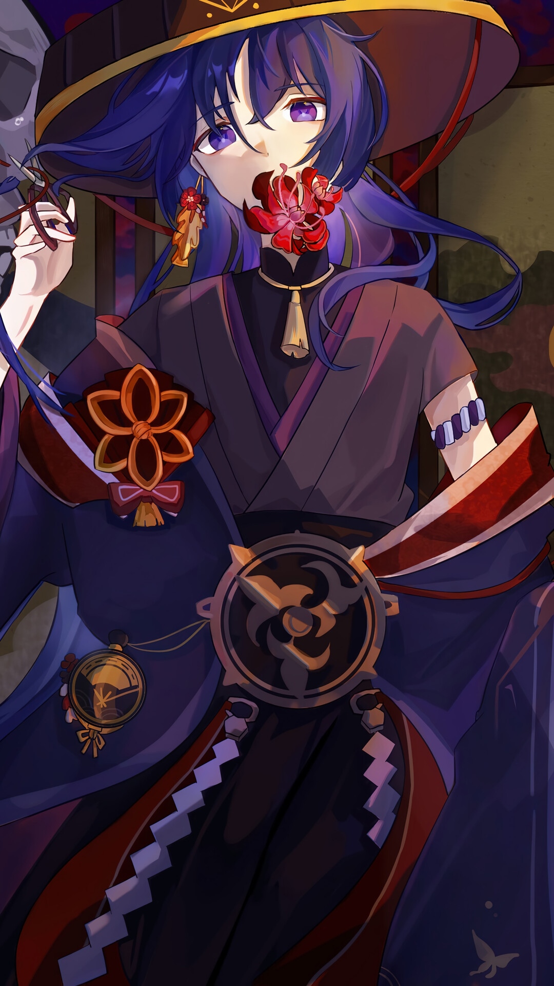Wanderer from Genshin Impact with red flowers HD Phone Wallpaper