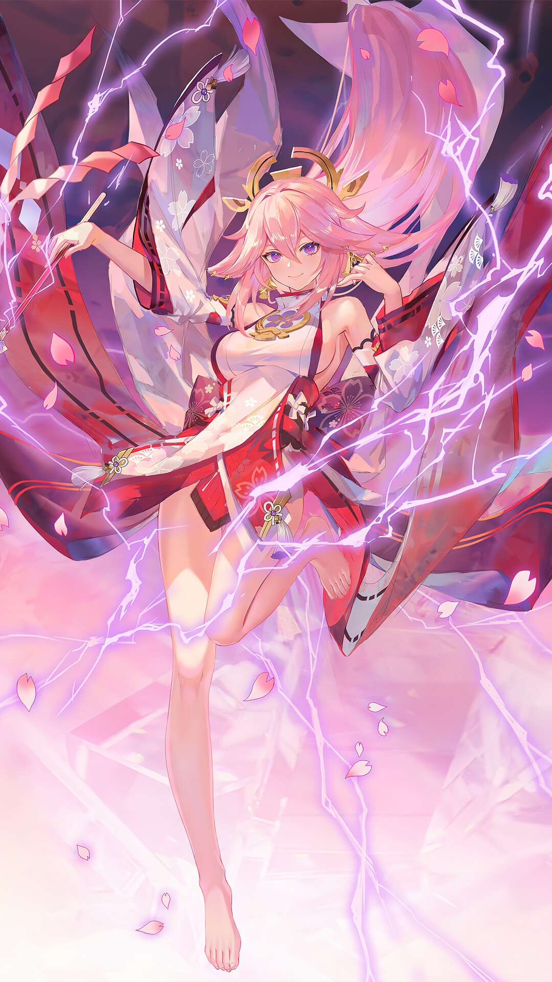 Yae Miko from Genshin Impact with lightning HD Phone Wallpaper