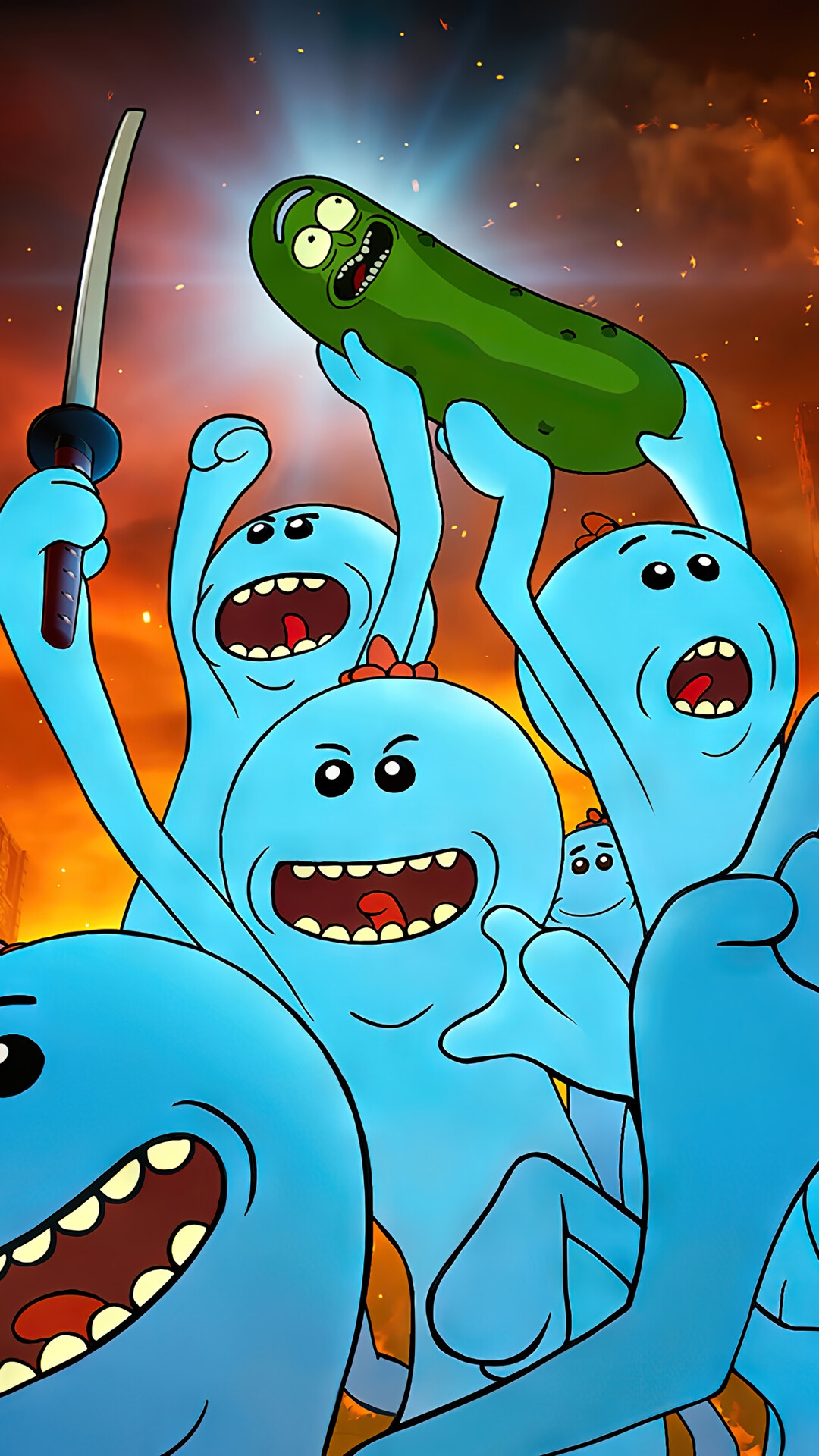 Pickle Rick and Mr. Meeseeks with a Katana HD Phone Wallpaper