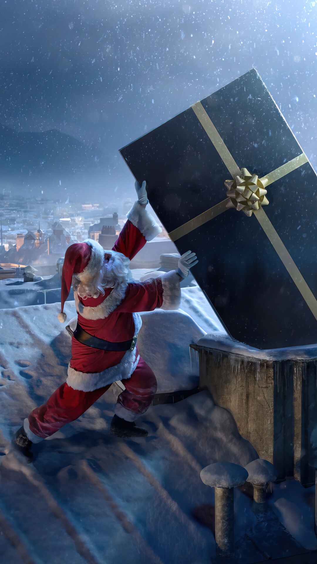 Santa Claus carrying a large gift on a snowy rooftop HD Phone Wallpaper