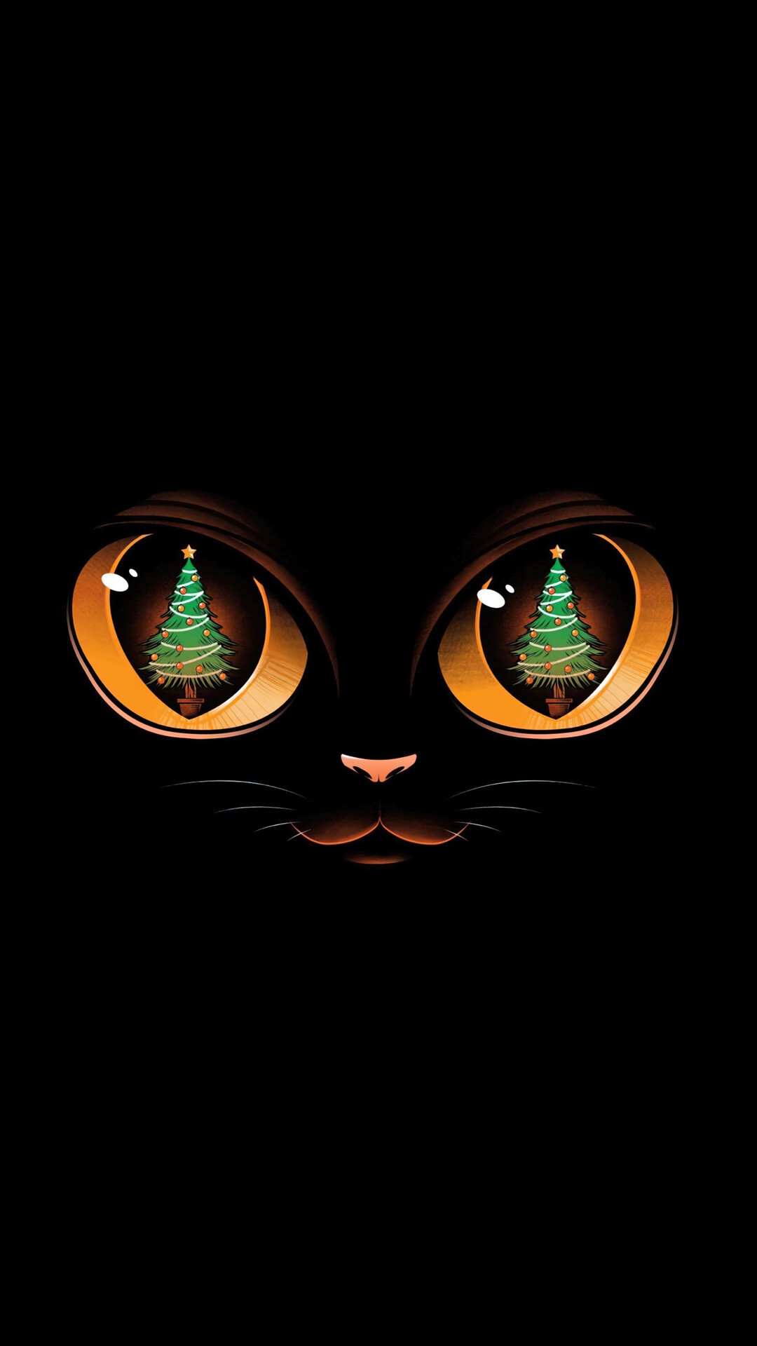 Black Cat with Christmas Tree Eyes HD Phone Wallpaper