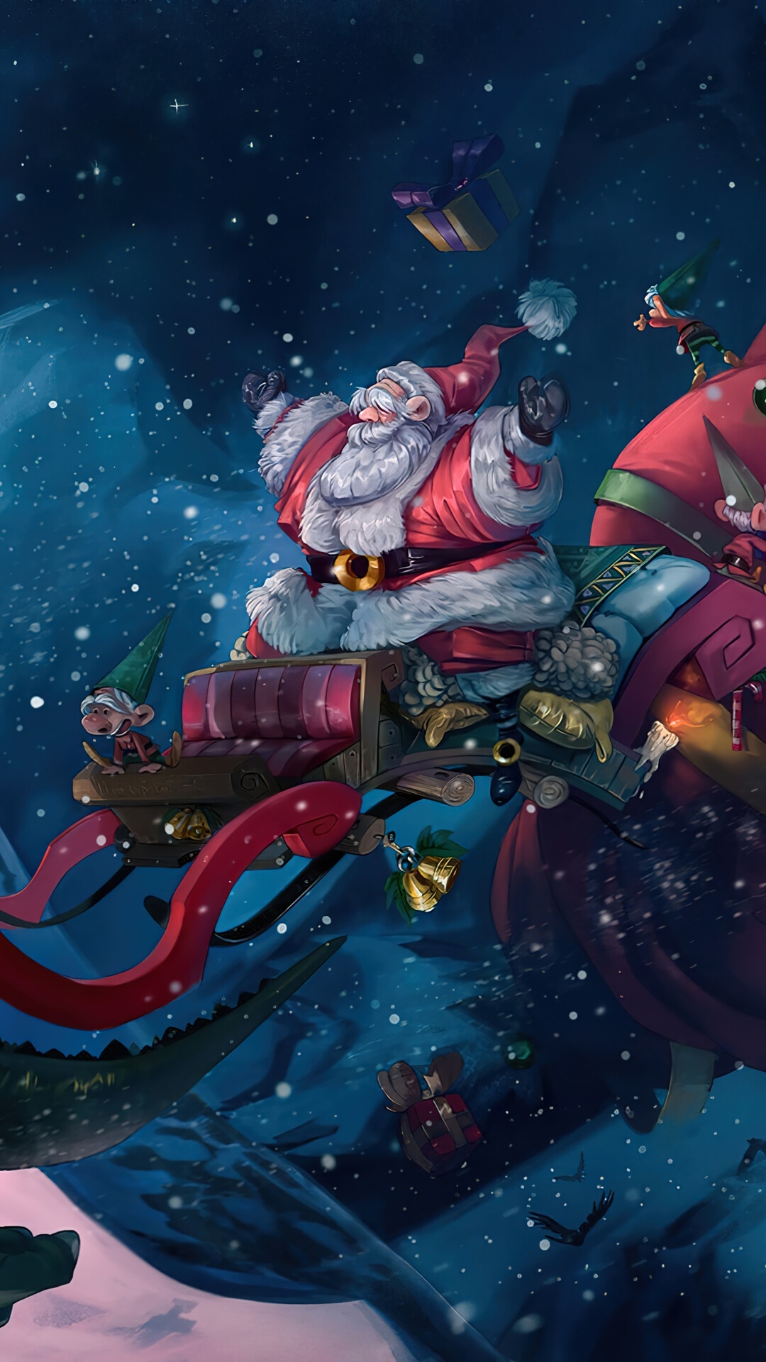 Santa Claus riding a T-Rex sleigh with elves HD Phone Wallpaper
