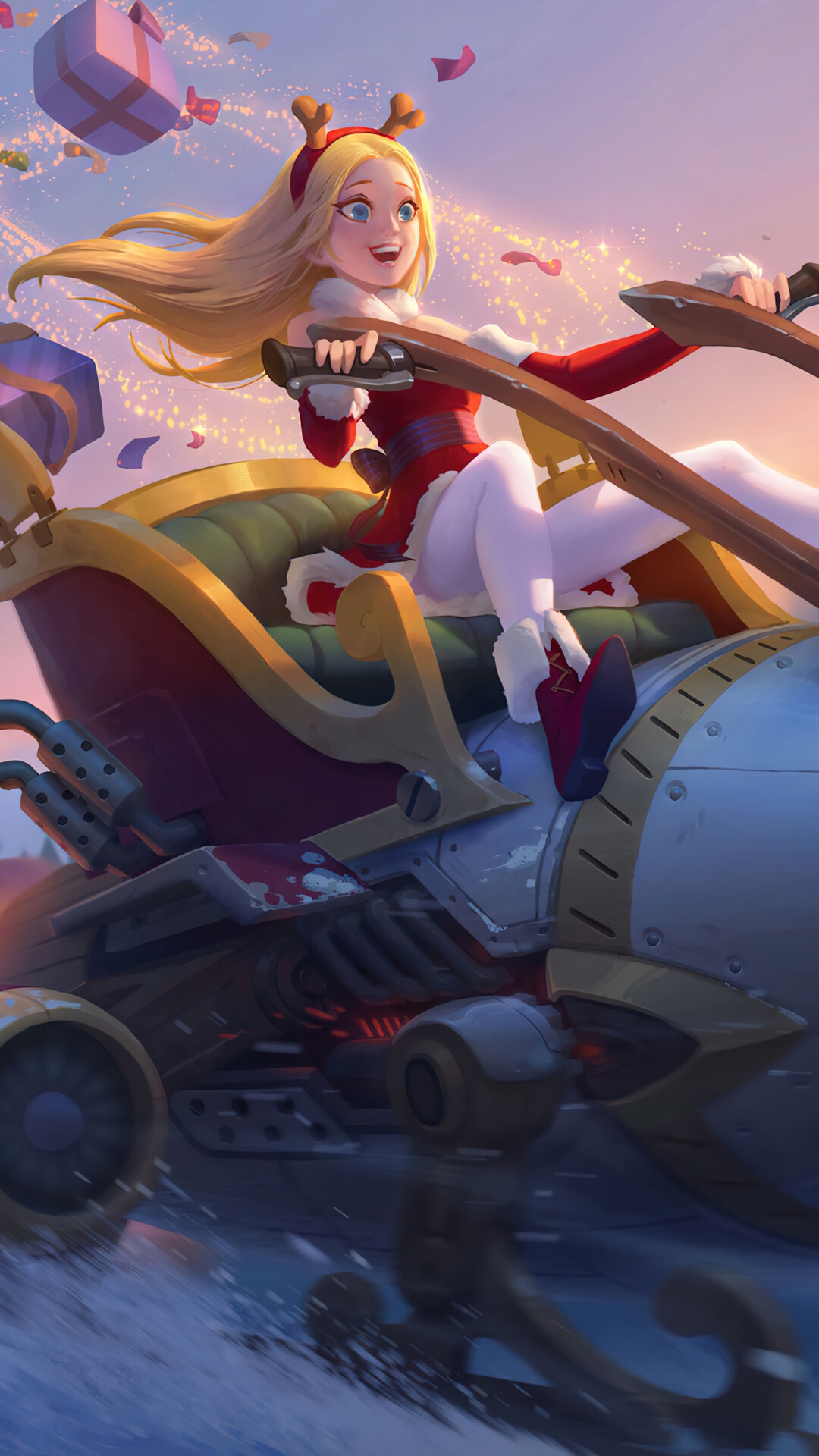 Girl in Santa Outfit Riding a Rocket Sleigh HD Phone Wallpaper