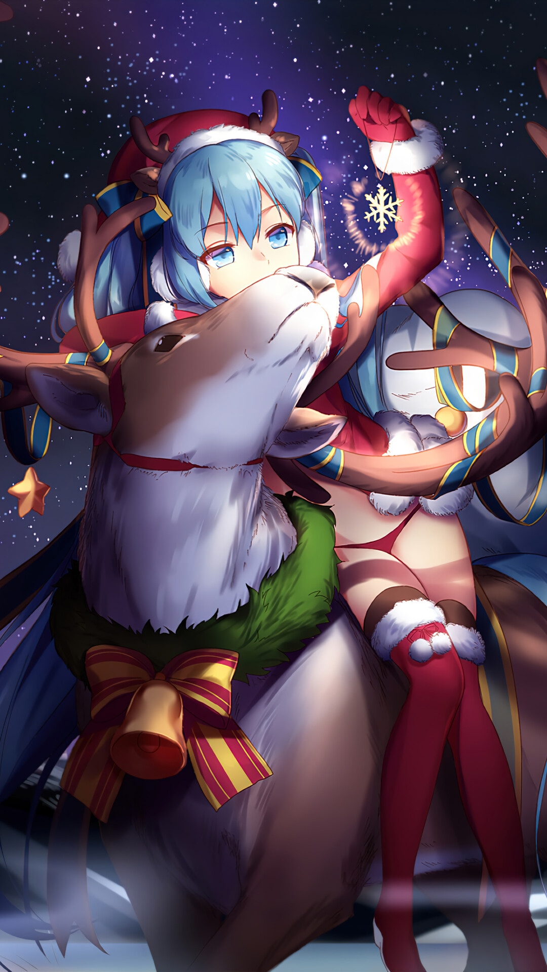 Hatsune Miku in Christmas Outfit Riding a Reindeer HD Phone Wallpaper