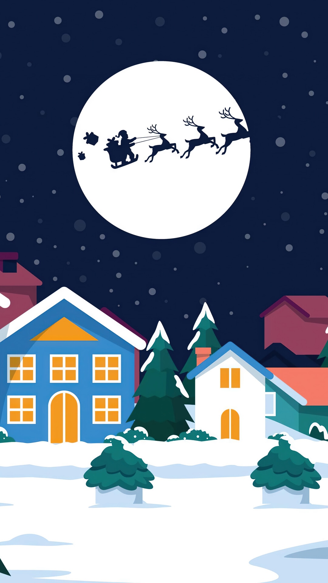 Santa Claus flying in a sleigh over a snowy village at night HD Phone Wallpaper
