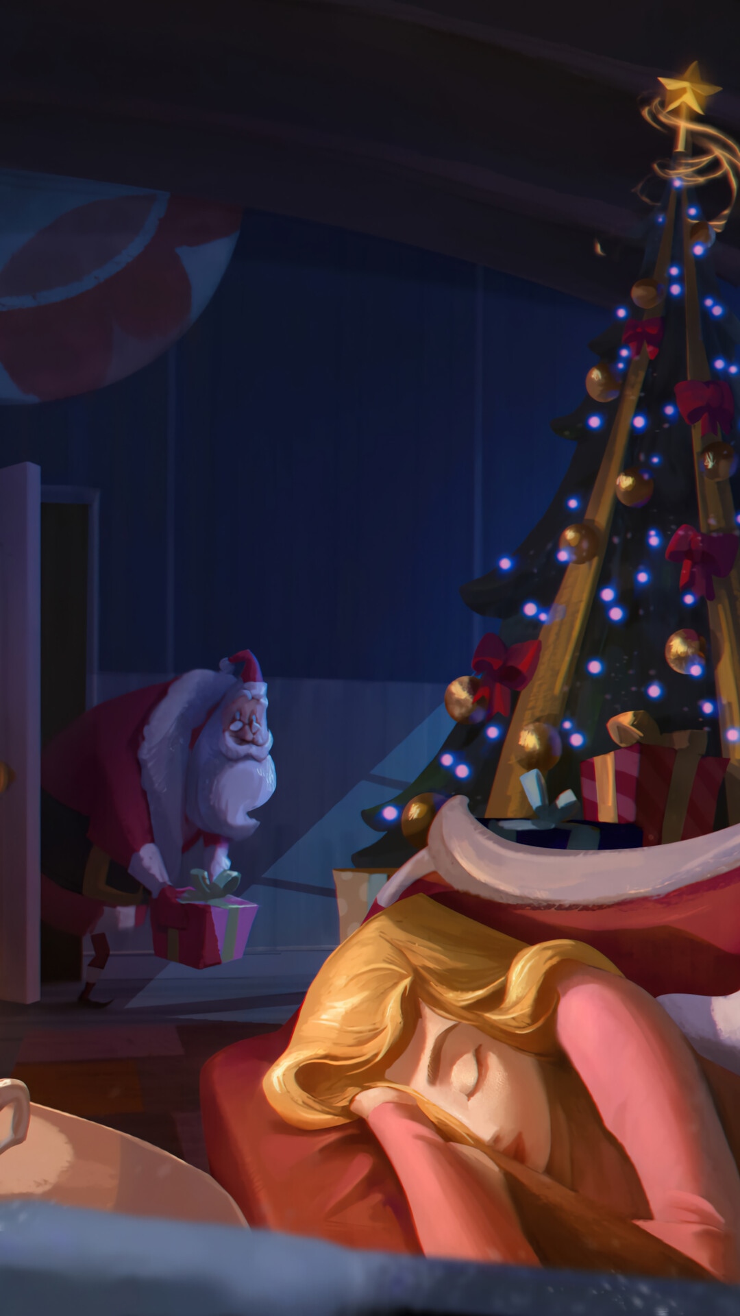 Santa Claus Sneaking Gifts Near Christmas Tree HD Phone Wallpaper