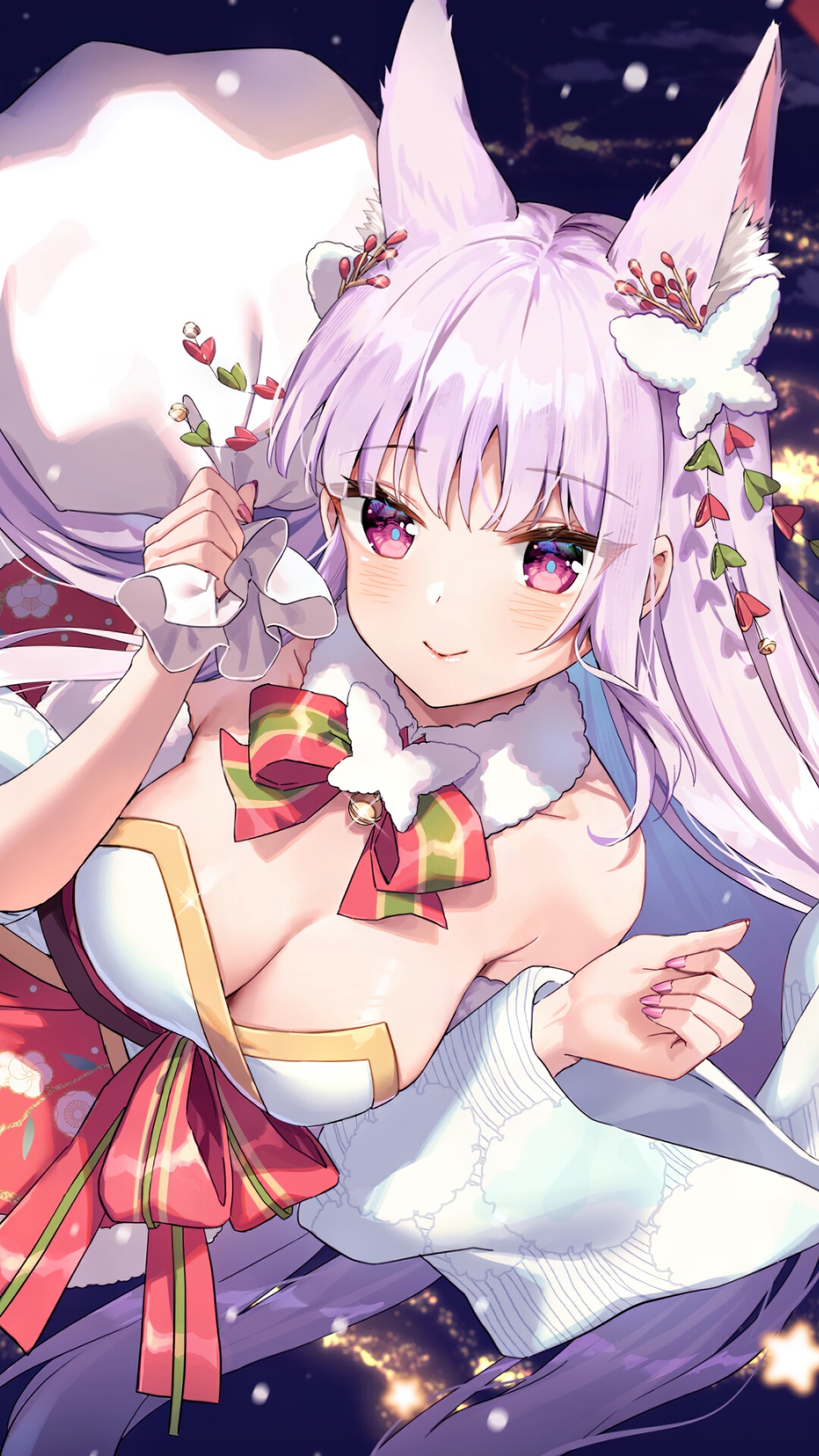 Anime Girl with Fox Ears and Christmas Outfit HD Phone Wallpaper
