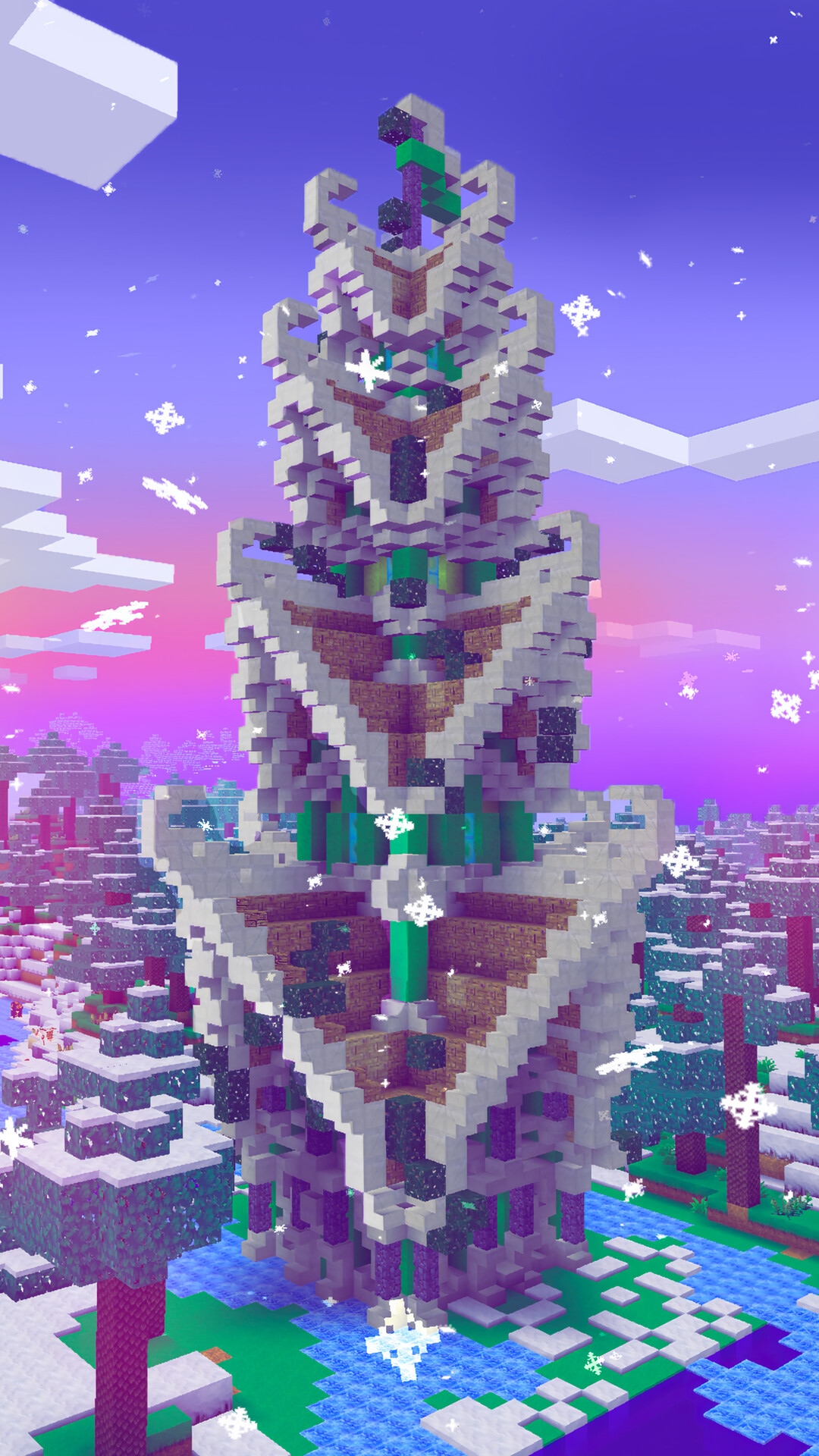 Minecraft Tower in a Snowy Landscape HD Phone Wallpaper