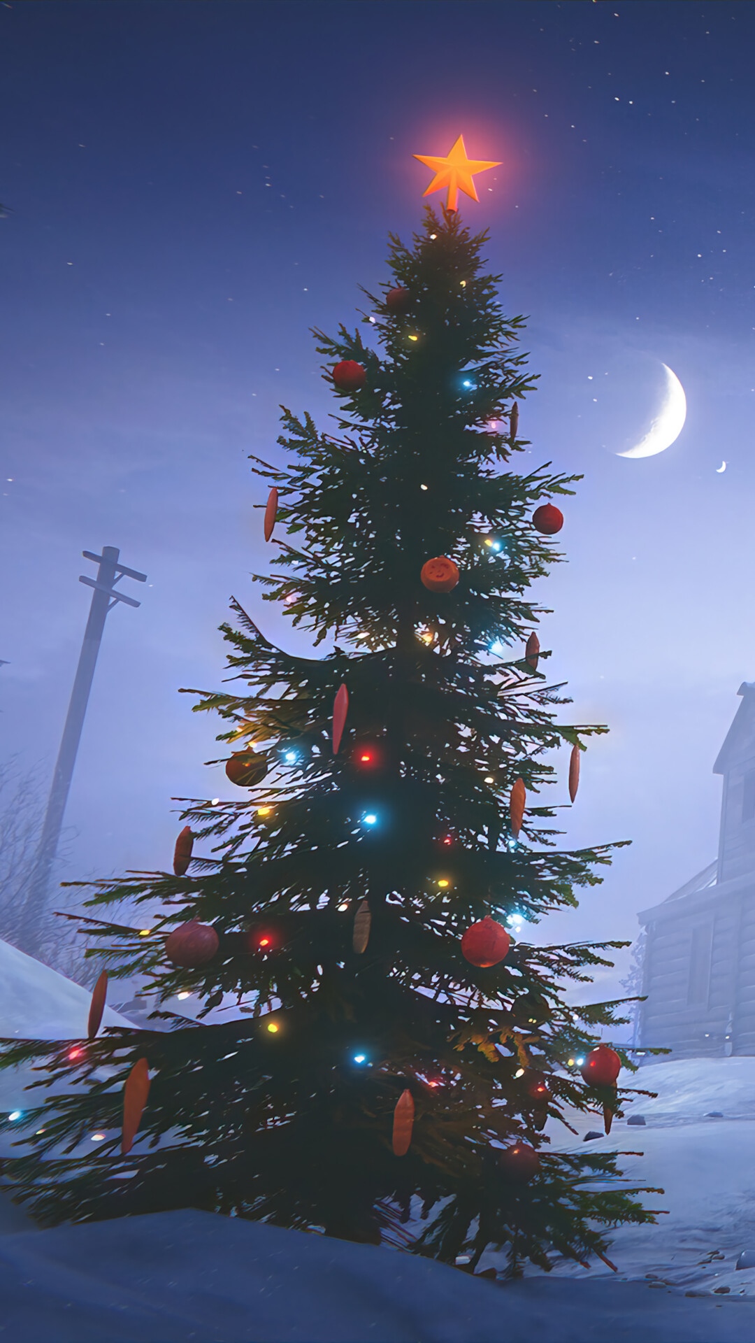 Christmas Tree with Star and Ornaments in Snowy Village HD Phone Wallpaper