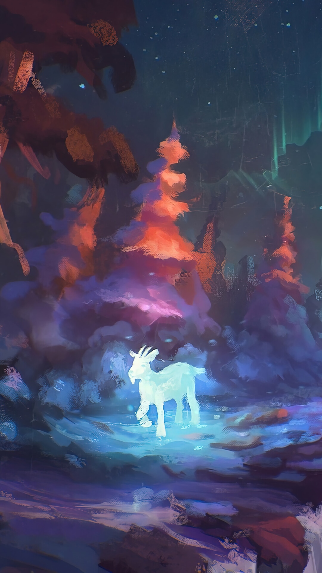 Fantasy forest with glowing goat and aurora borealis HD Phone Wallpaper