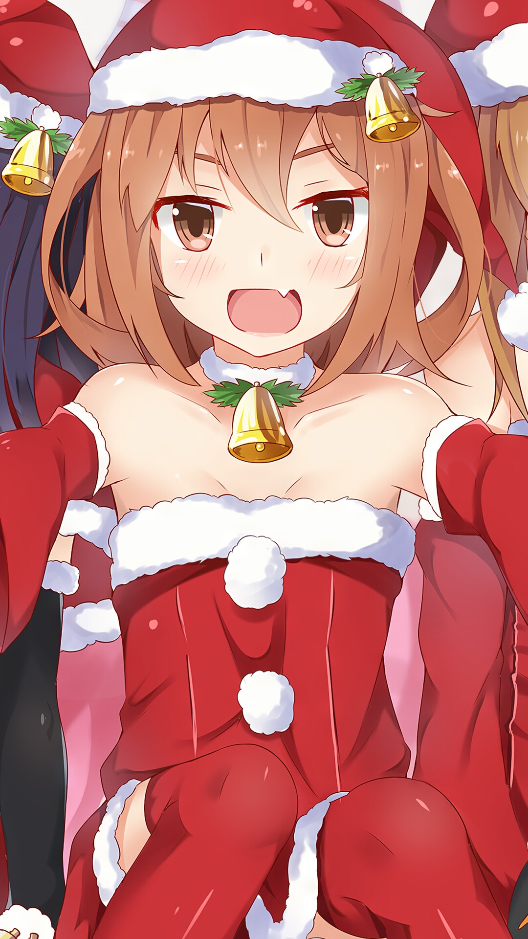Anime Girls in Santa Outfits with Bells HD Phone Wallpaper