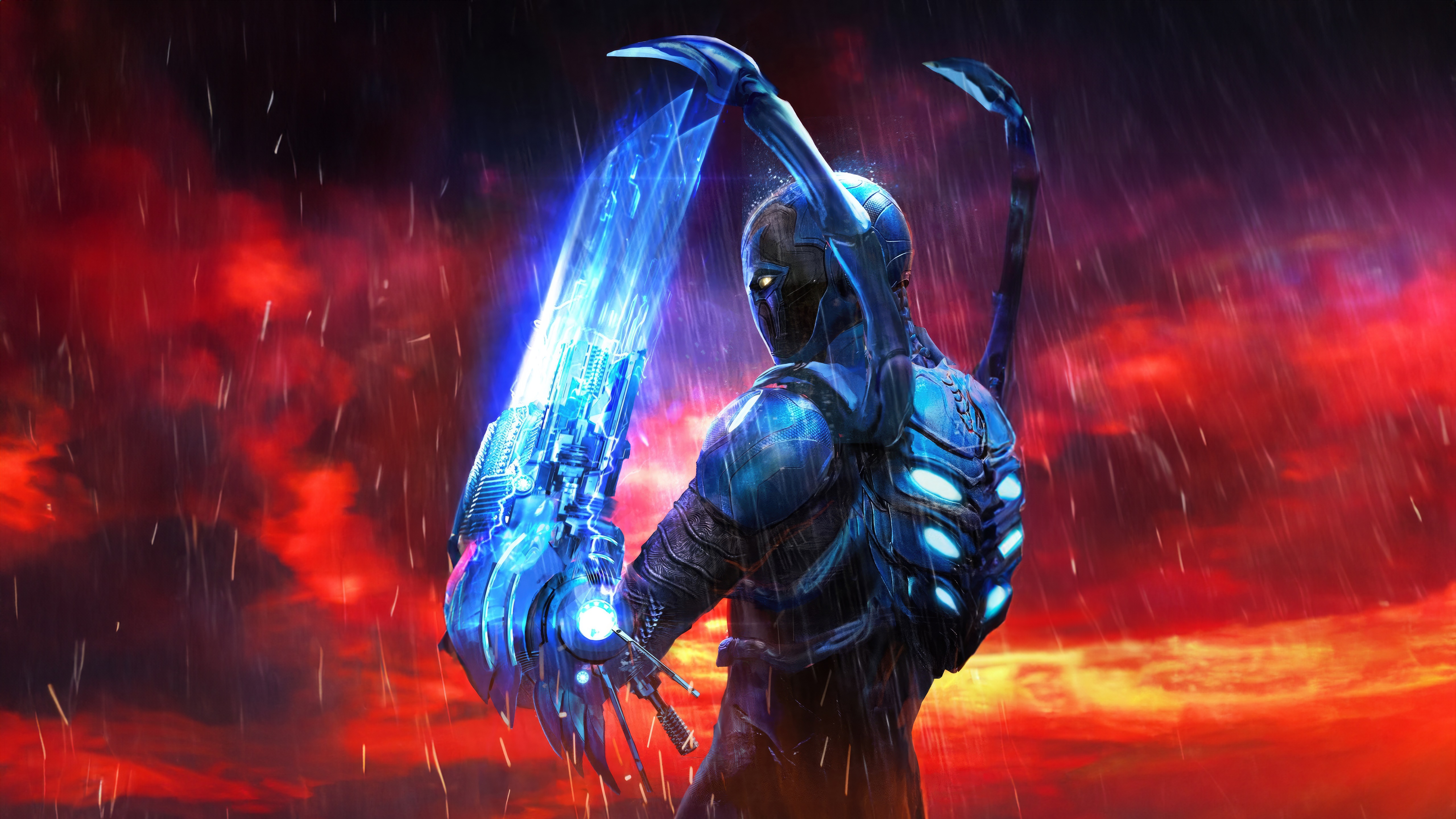 Blue Beetle with a glowing sword in the rain HD Wallpaper