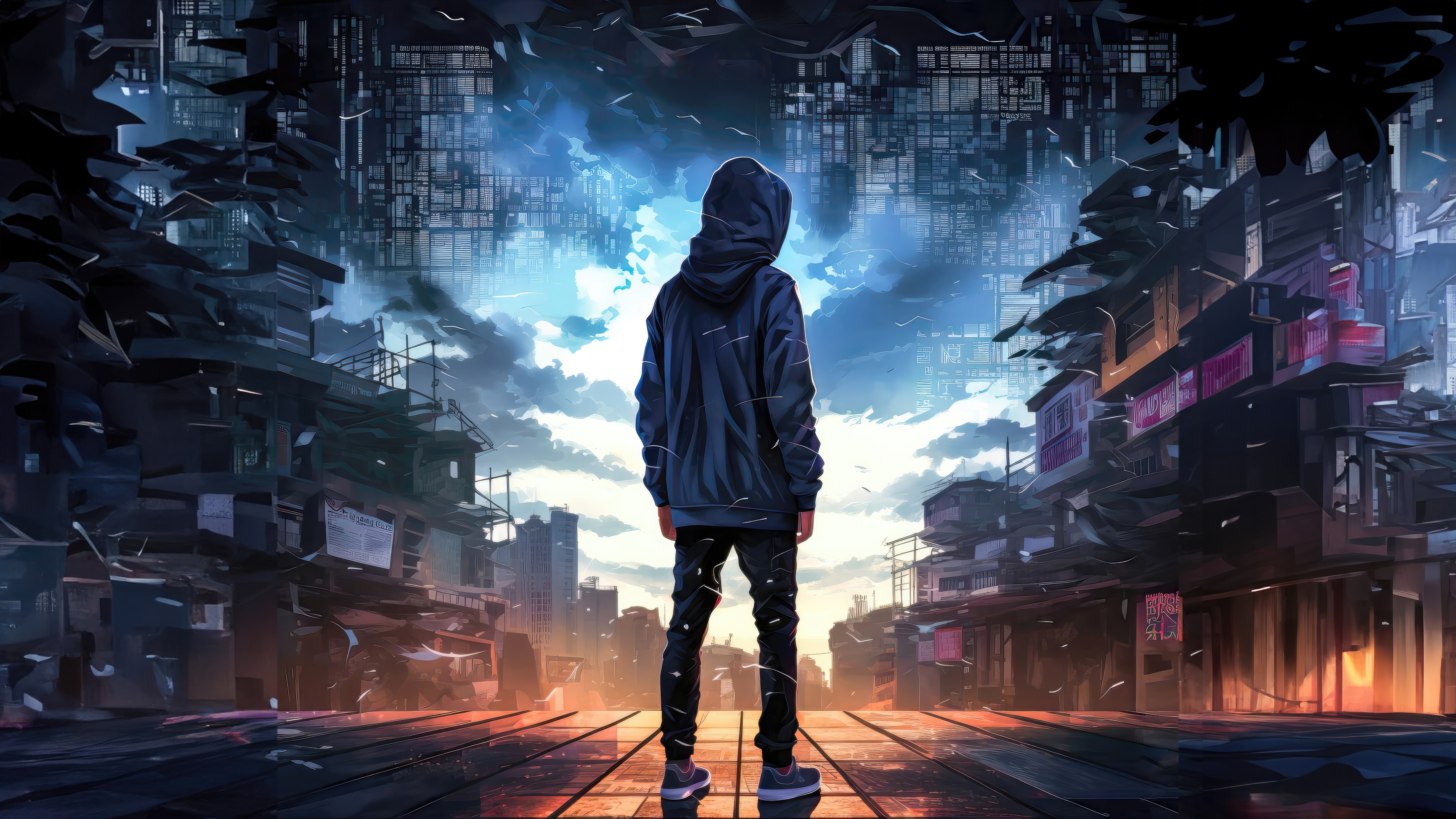 Man in hoodie standing in a futuristic city HD Wallpaper