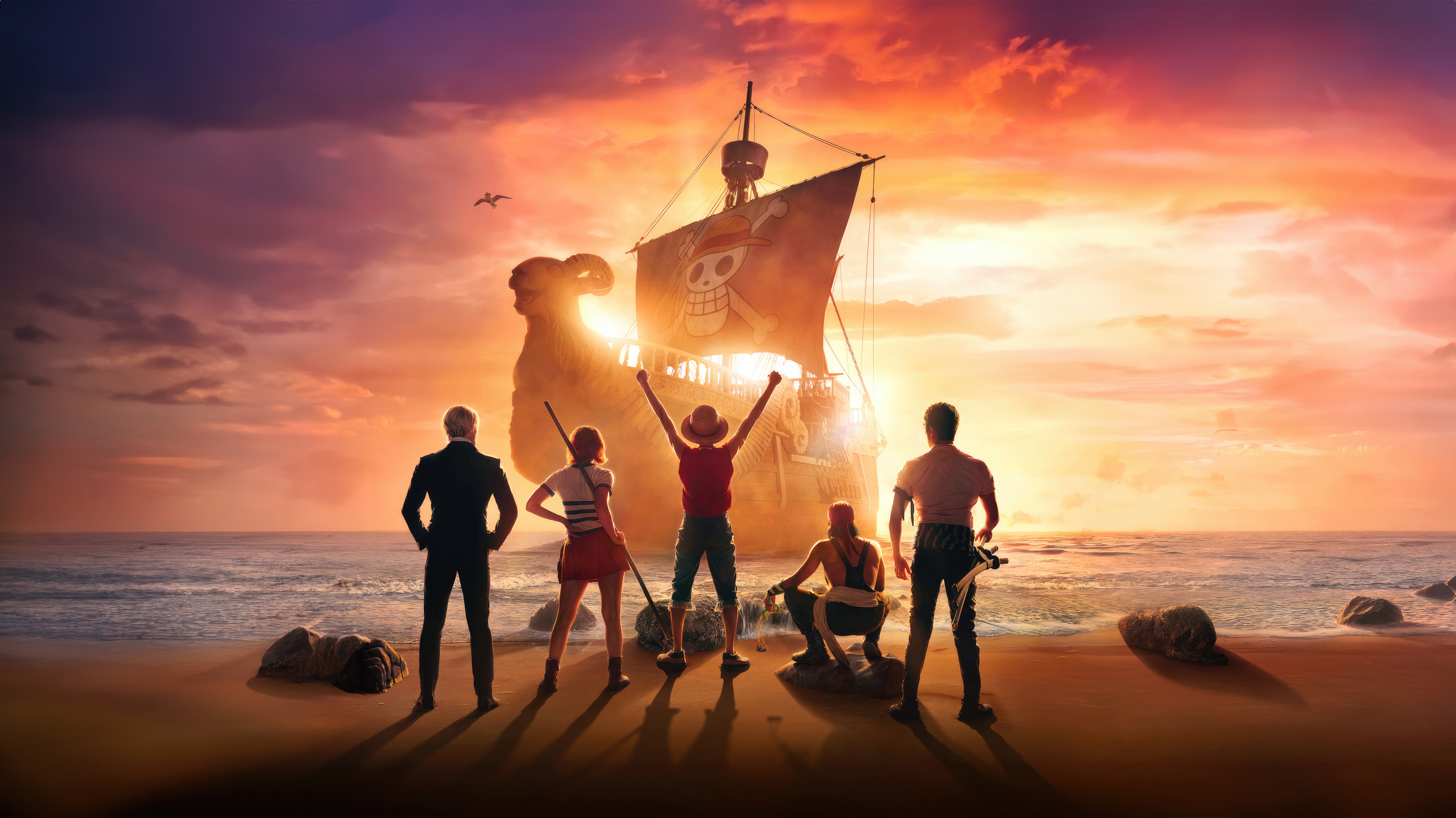 One Piece characters on a beach with a ship HD Wallpaper