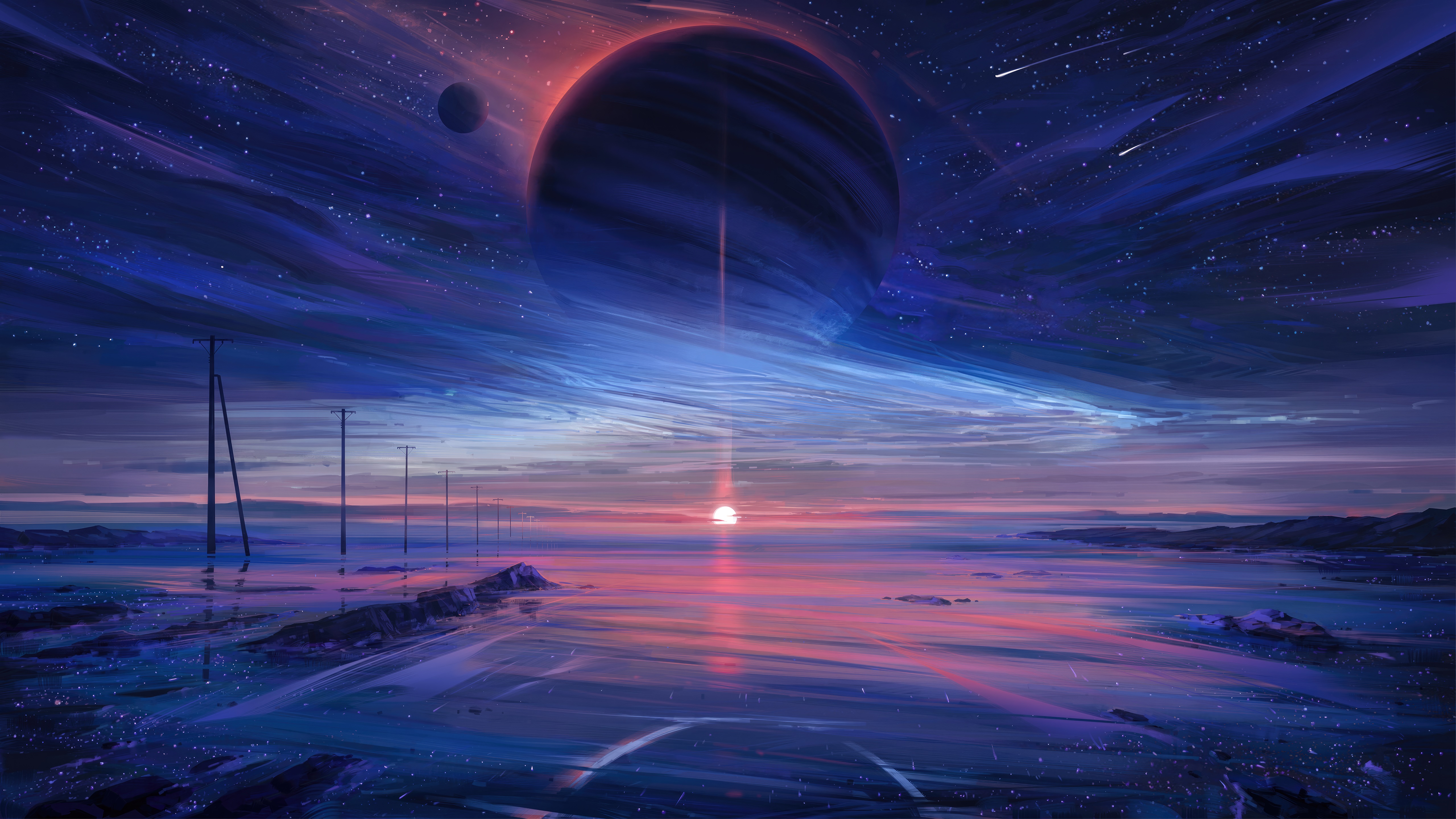 Digital Art of a Planet and Sunset Over Water HD Wallpaper