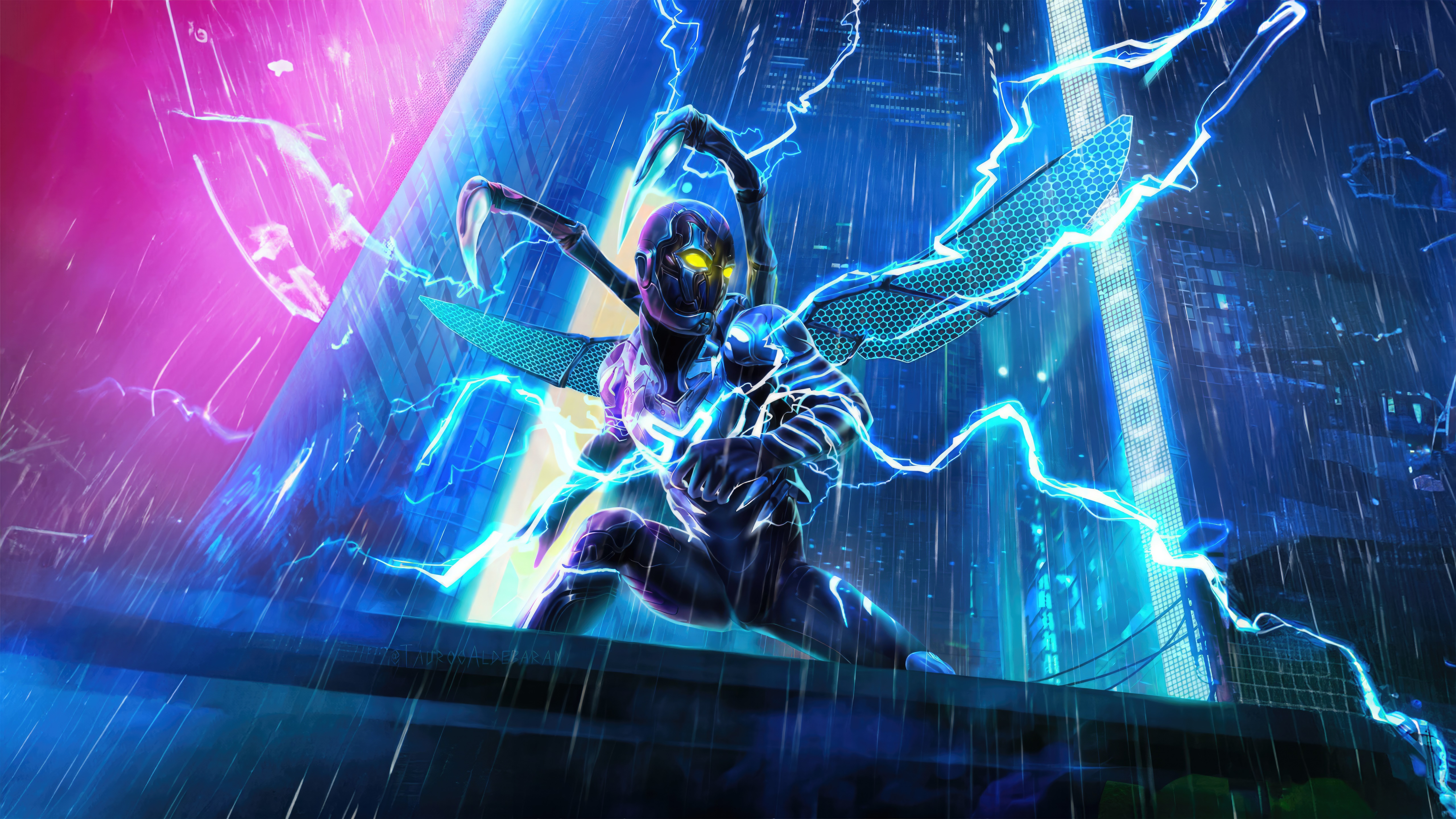 Blue Beetle in a Neon City HD Wallpaper