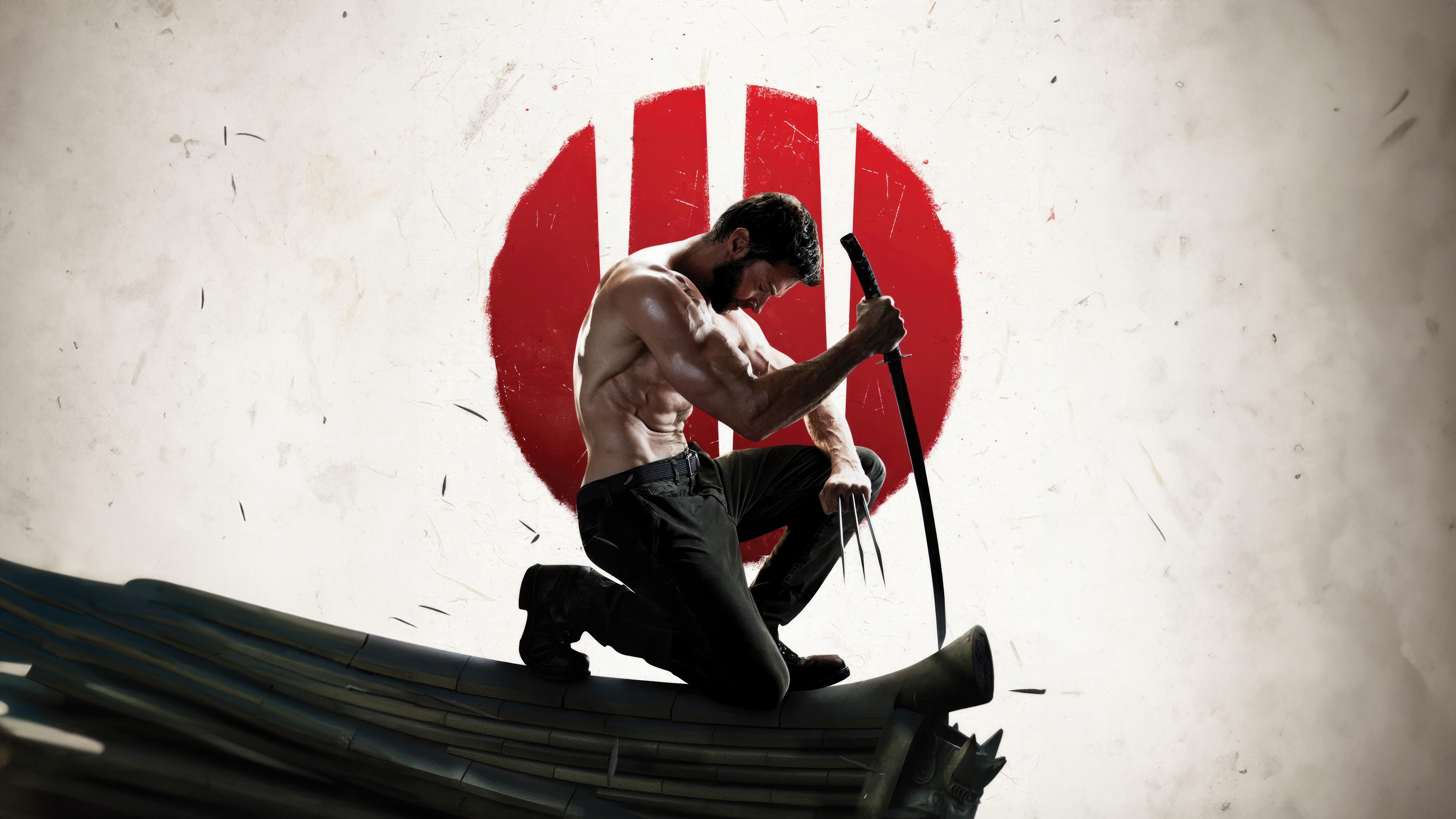 Wolverine with Katana and Claws on Rooftop HD Wallpaper