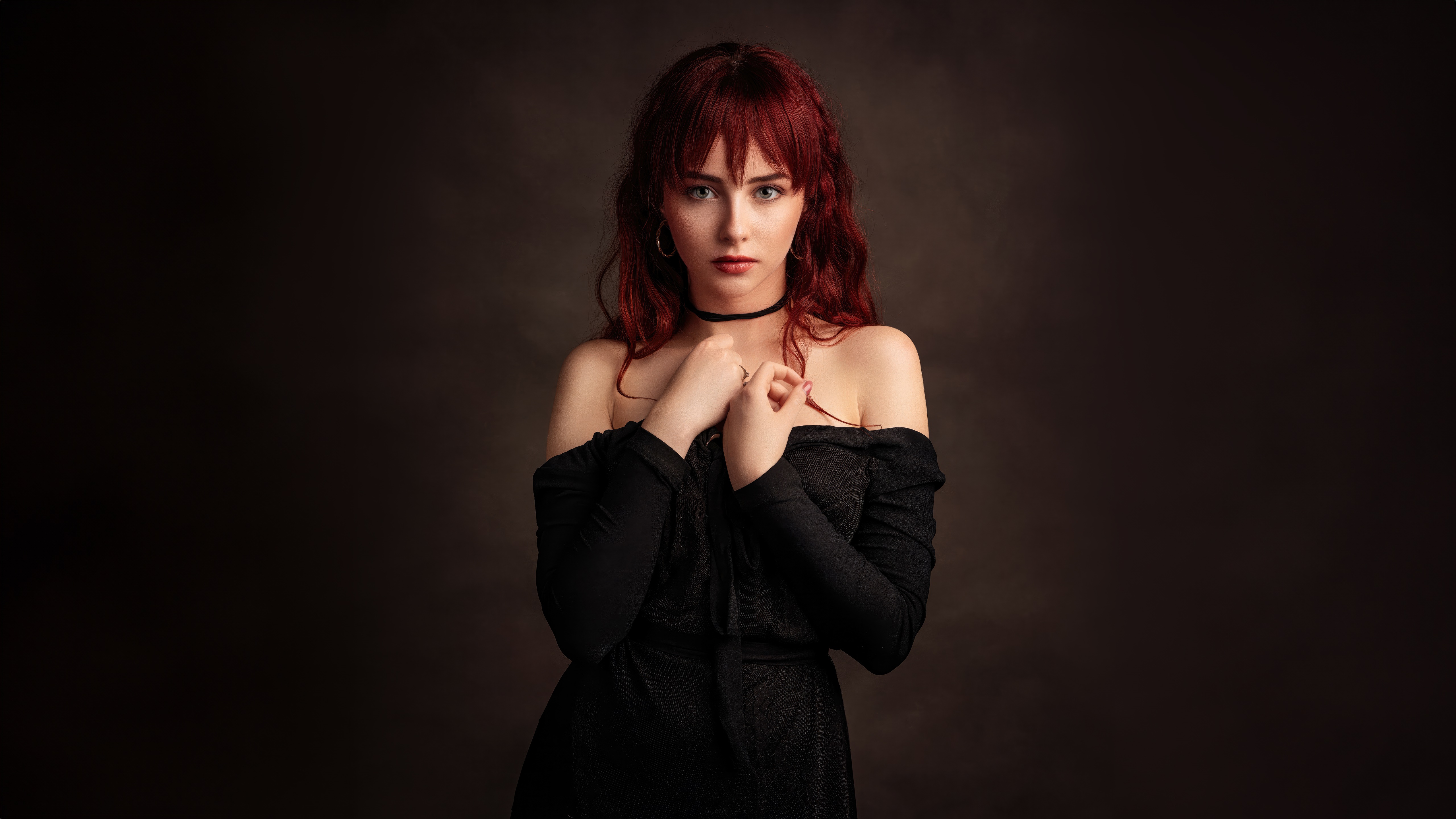 Redhead model in black dress HD Wallpaper