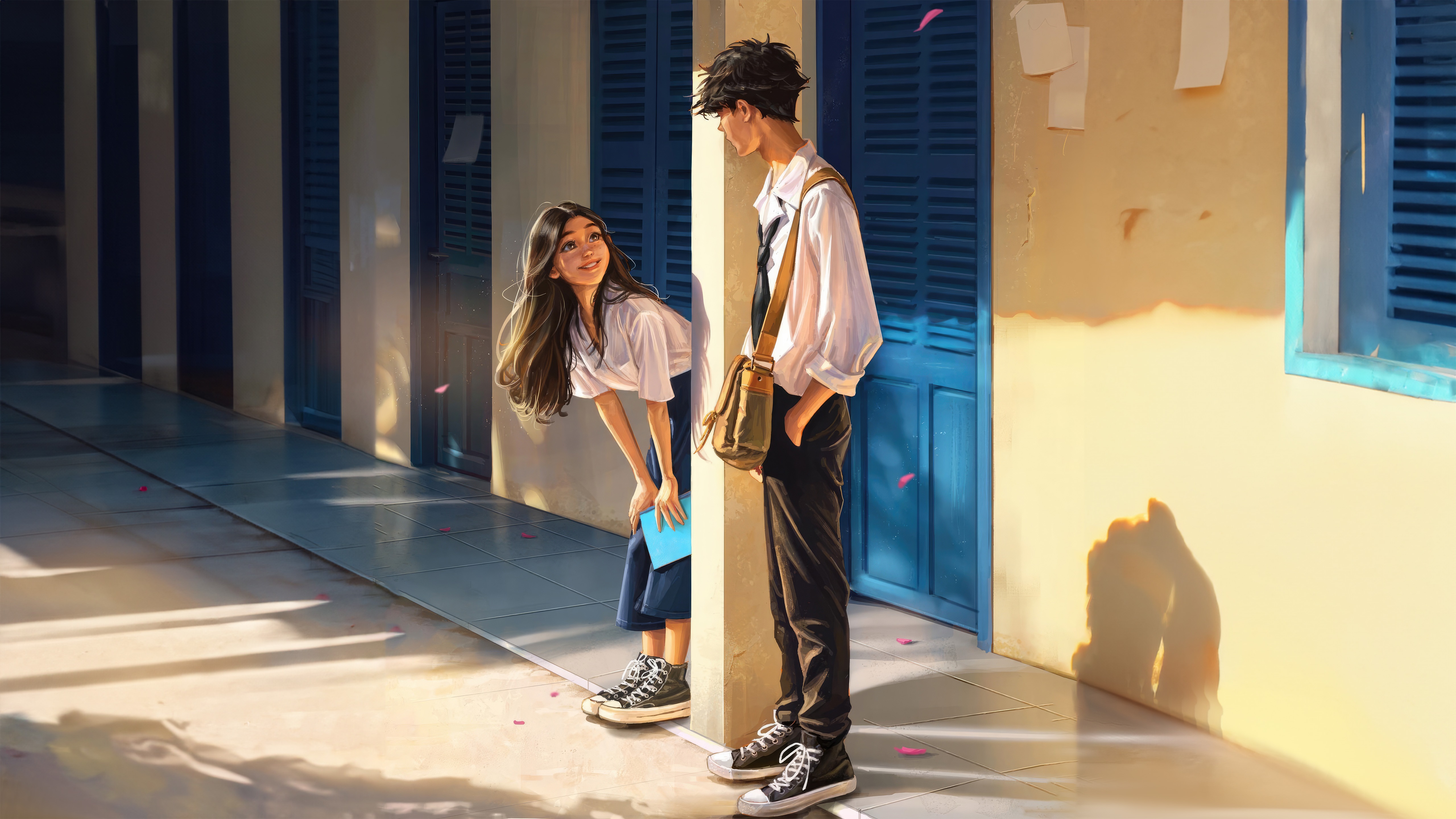 Couple in school hallway with falling petals HD Wallpaper