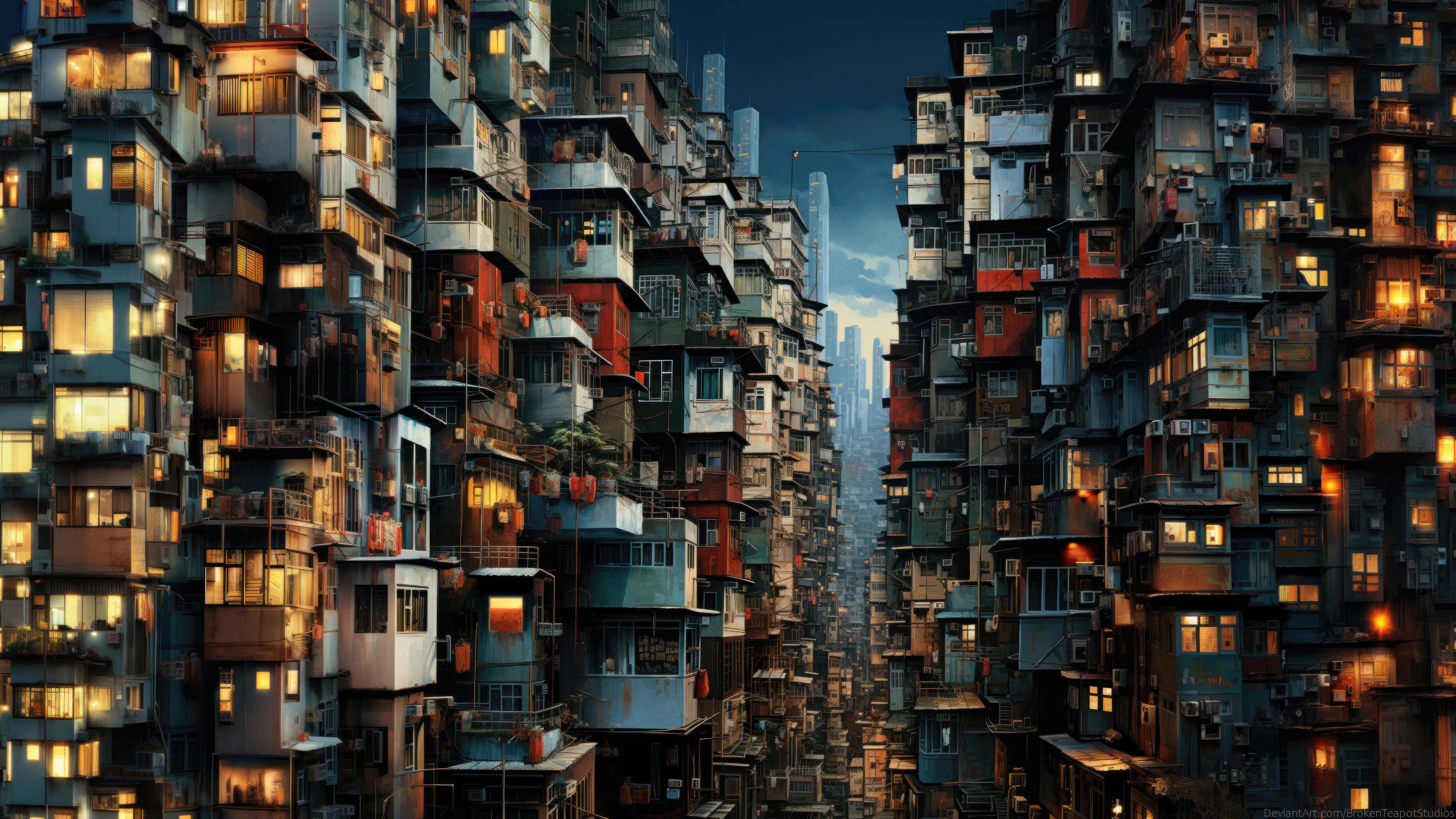 Dense urban cityscape with towering apartment buildings HD Wallpaper