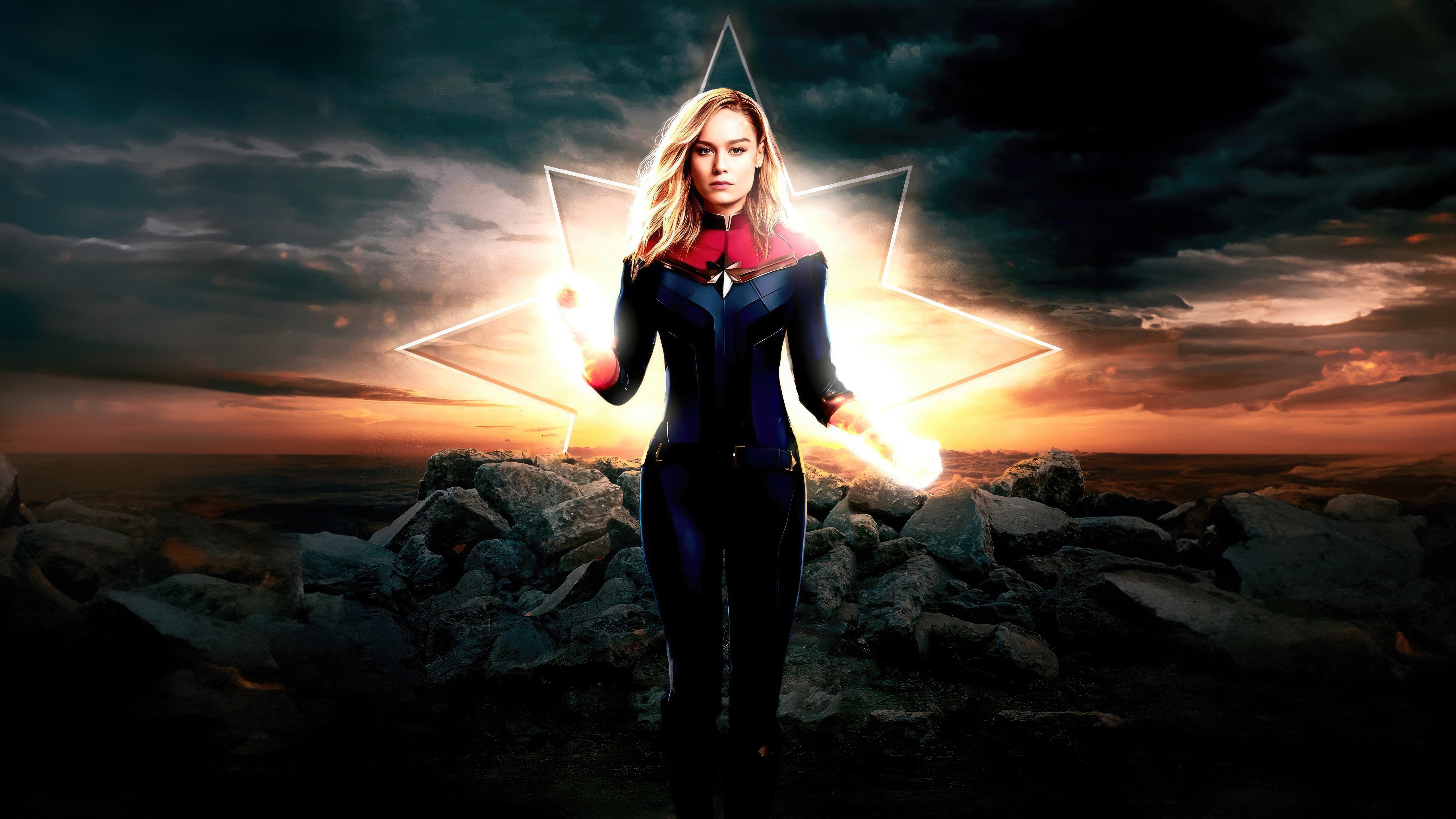 Captain Marvel with Glowing Hands and Star Symbol HD Wallpaper