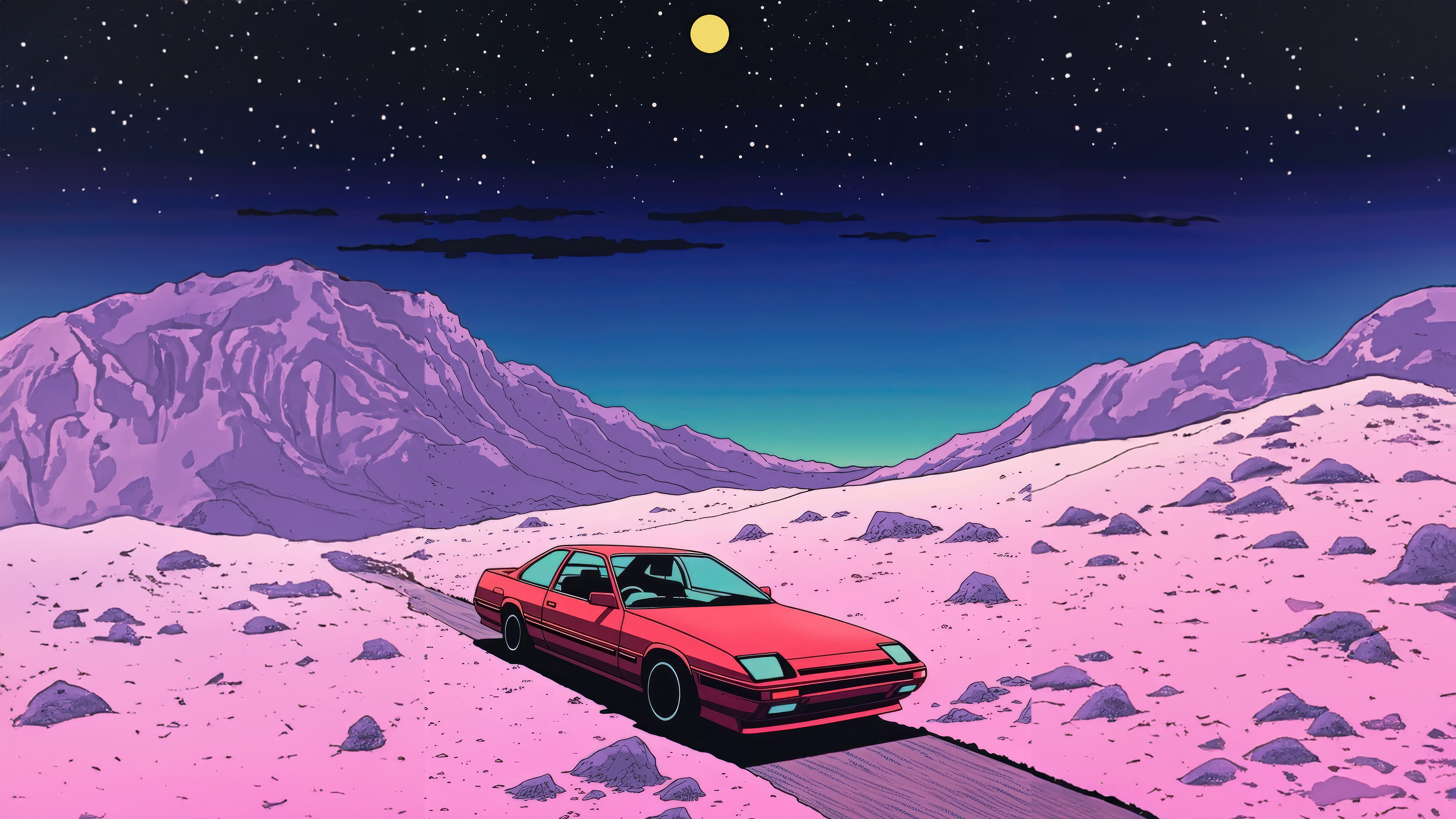 Synthwave car on a pink desert road under a starry night sky HD Wallpaper