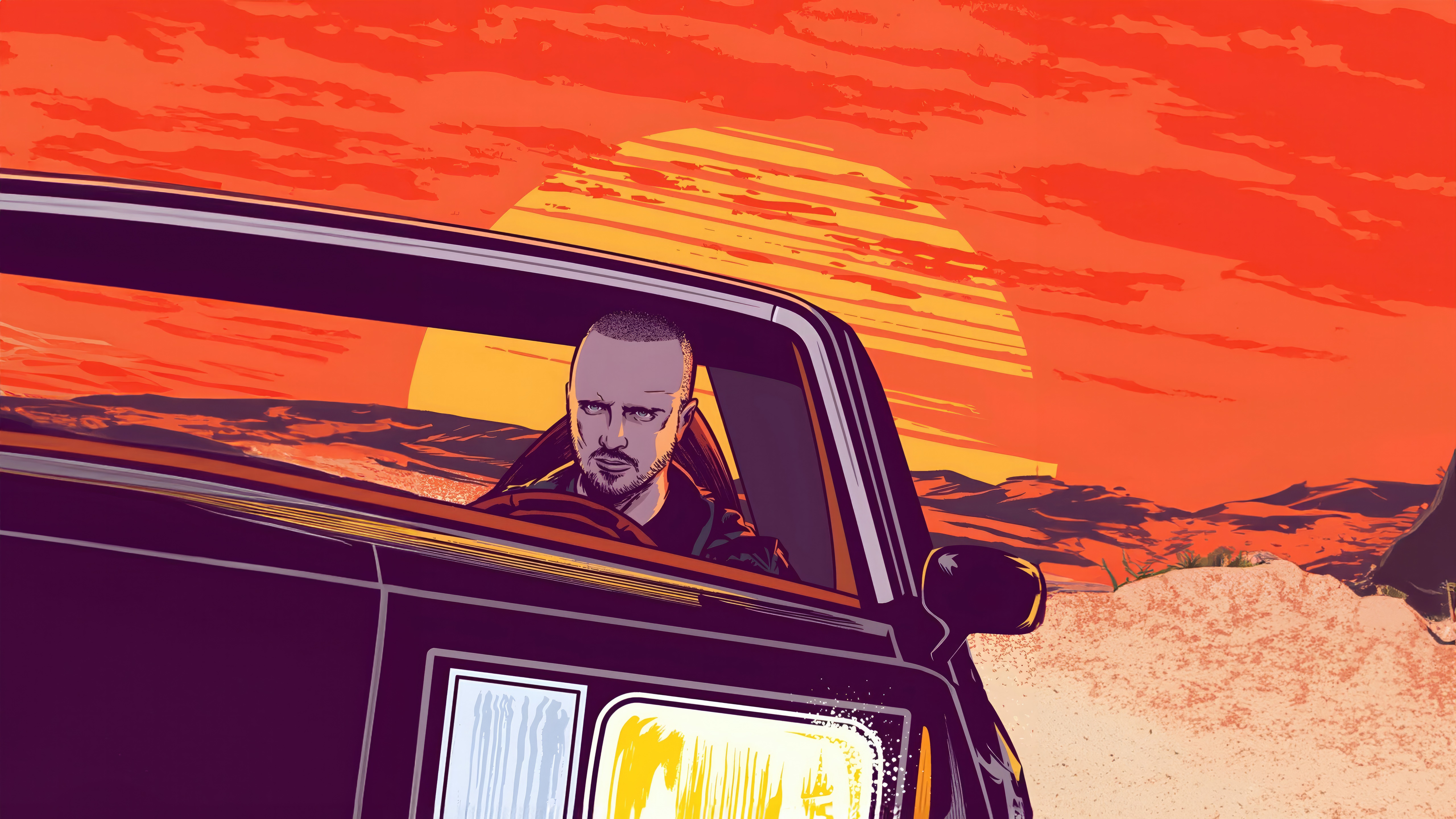 Jesse Pinkman driving a car in the desert at sunset HD Wallpaper