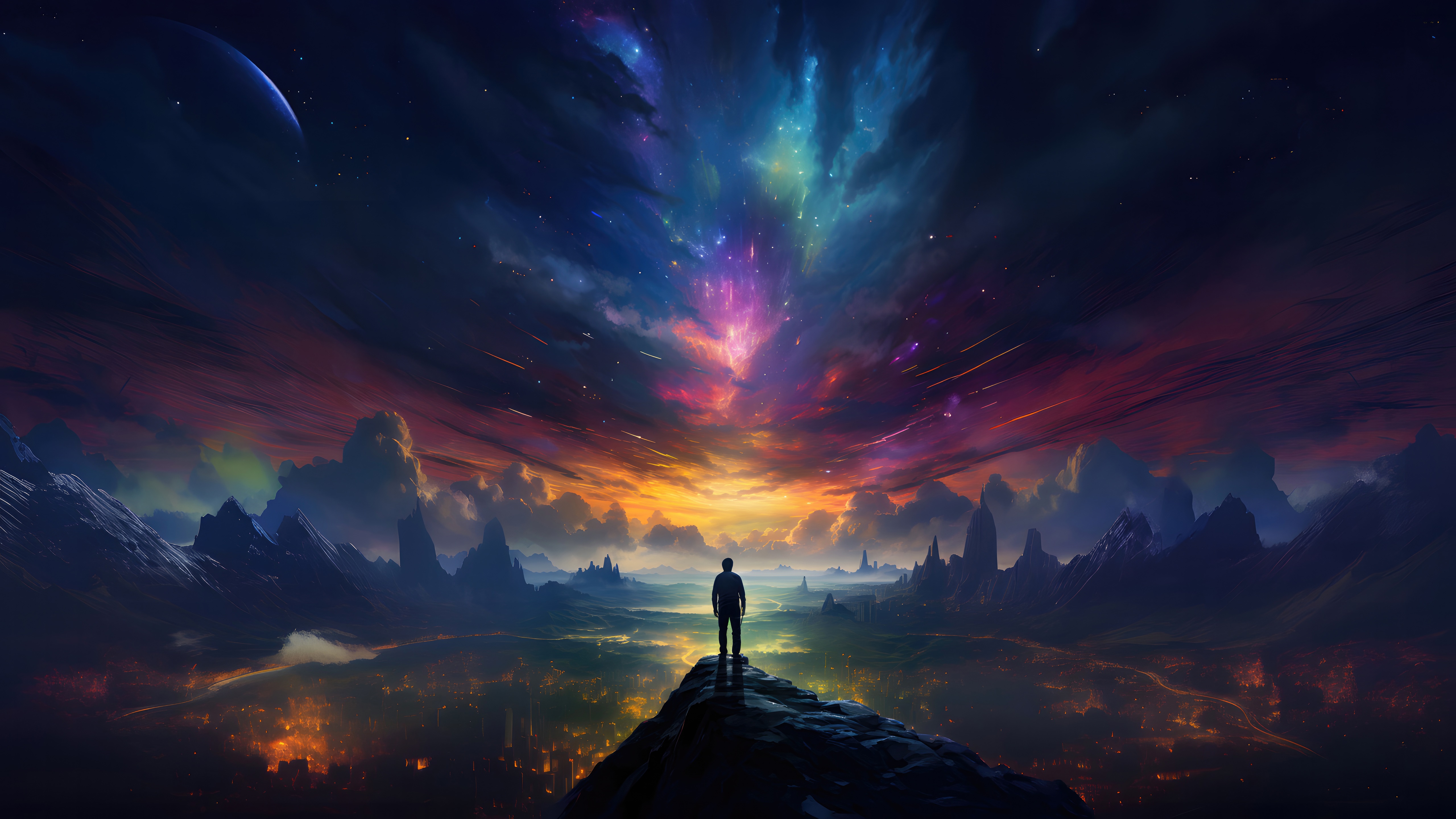 Man standing on a rock overlooking a colorful galaxy and city HD Wallpaper