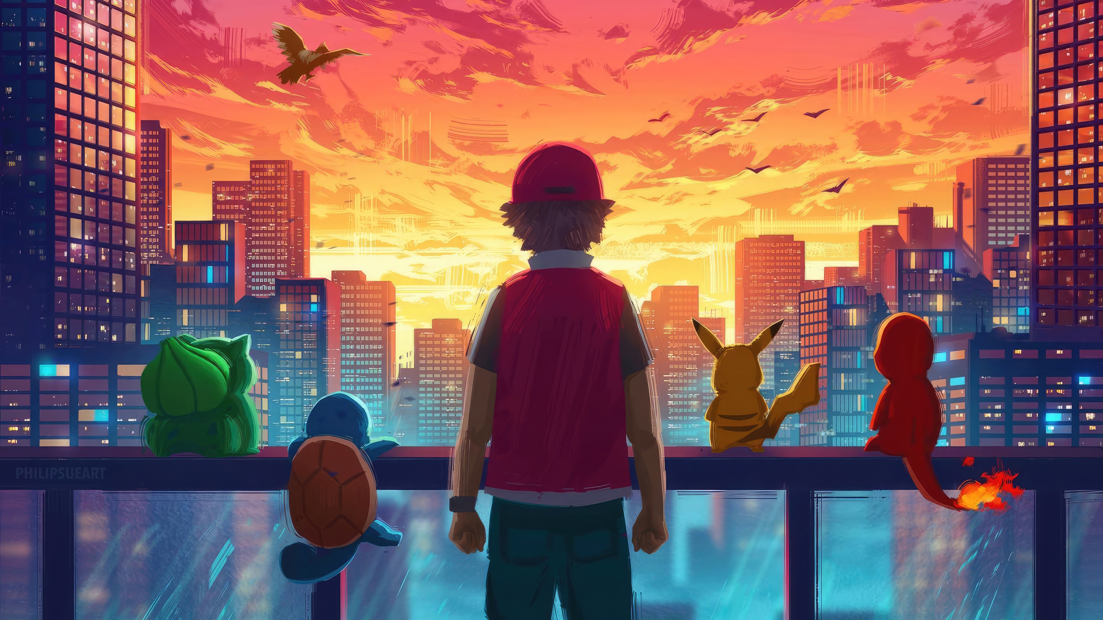 Pokemon Trainer and Starters Overlooking Cityscape at Sunset 4K HD Wallpaper