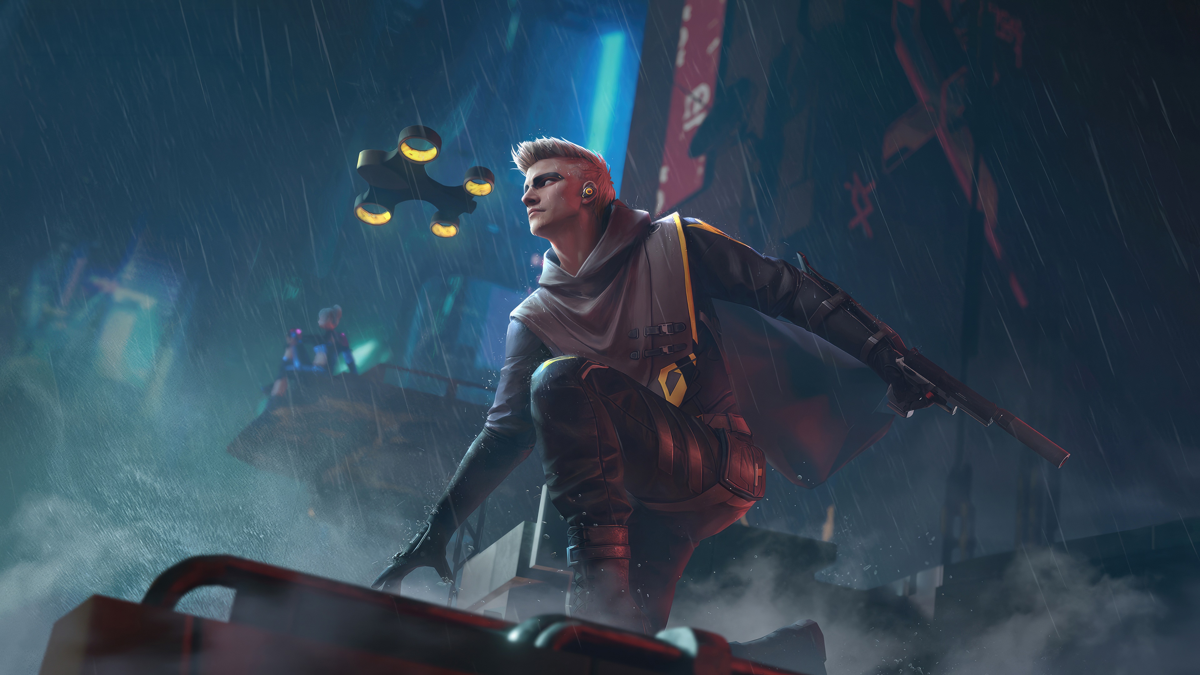 Garena Free Fire character in a rainy cyberpunk city HD Wallpaper