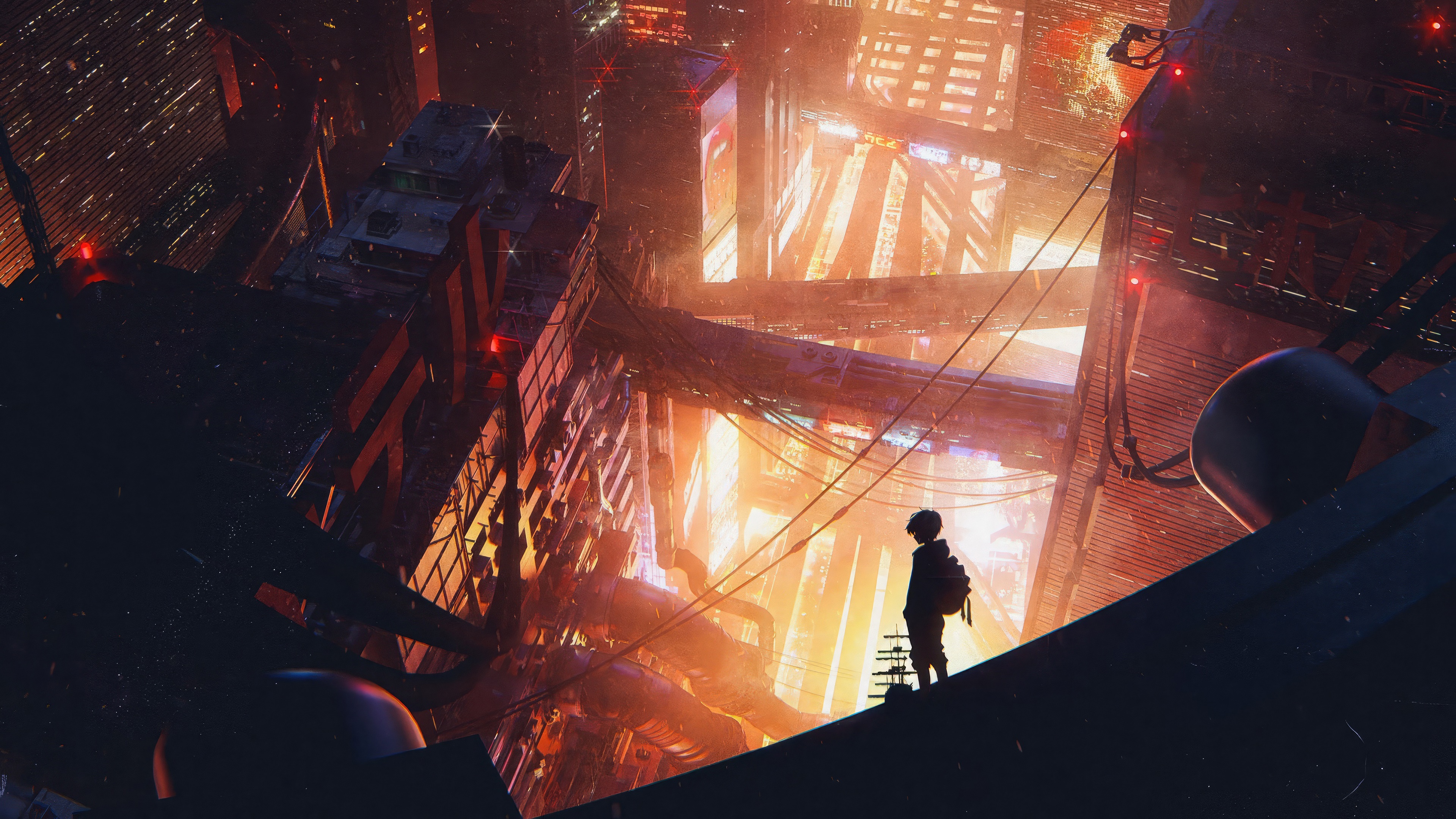 Artwork of a lone figure in a futuristic city HD Wallpaper