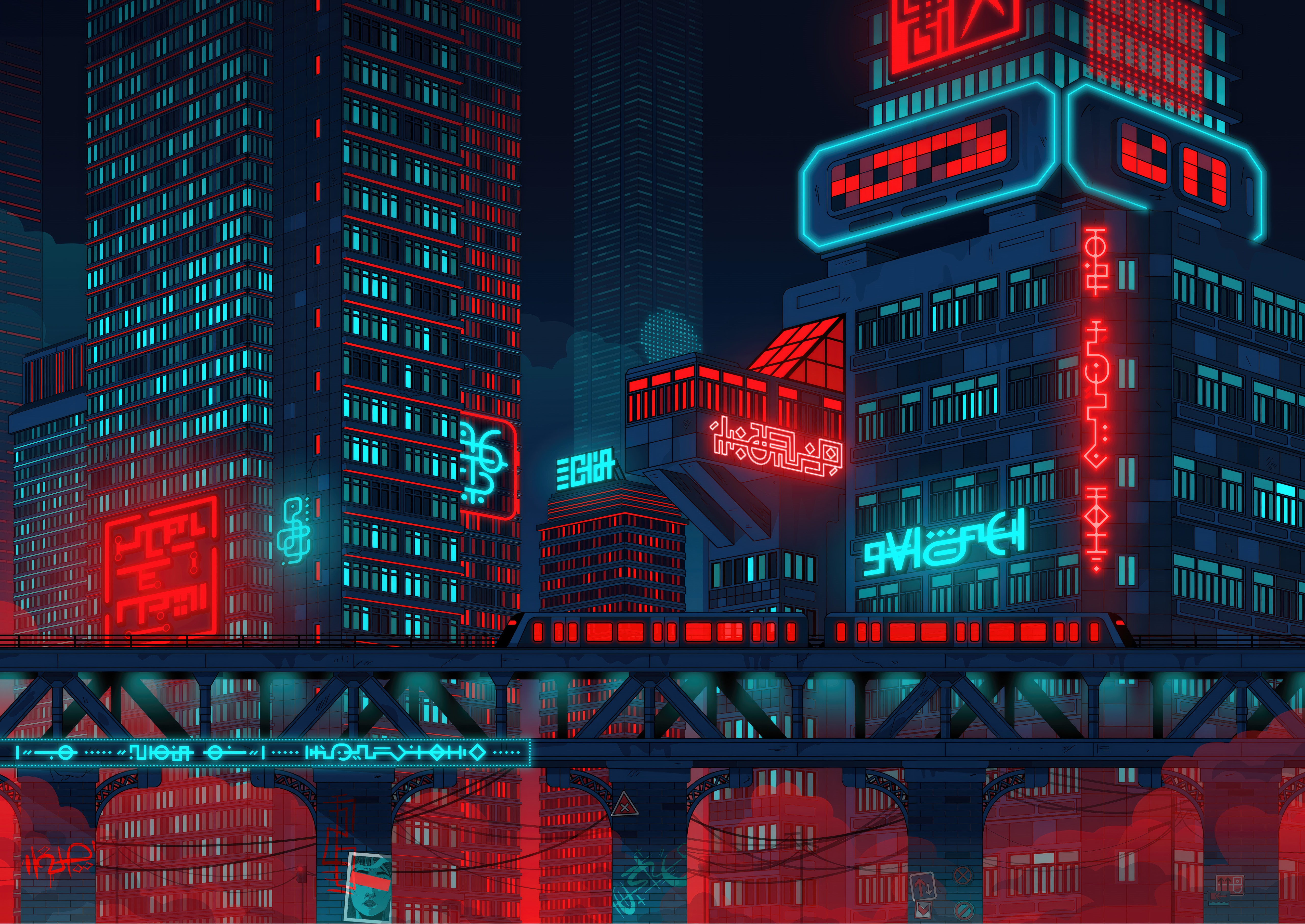Sci-fi city artwork with neon lights HD Wallpaper