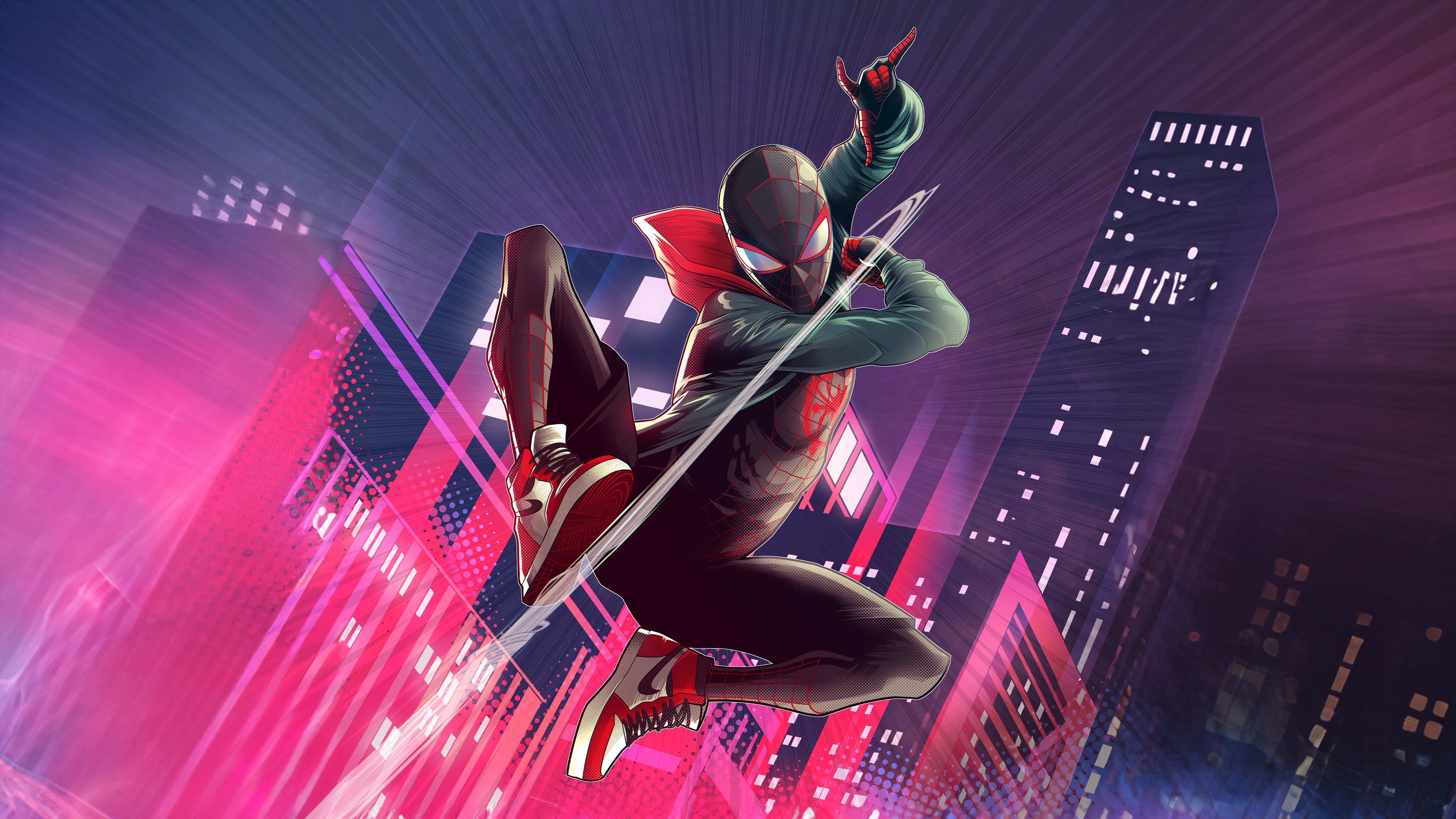 Miles Morales Spider-Man in a stylized city HD Wallpaper