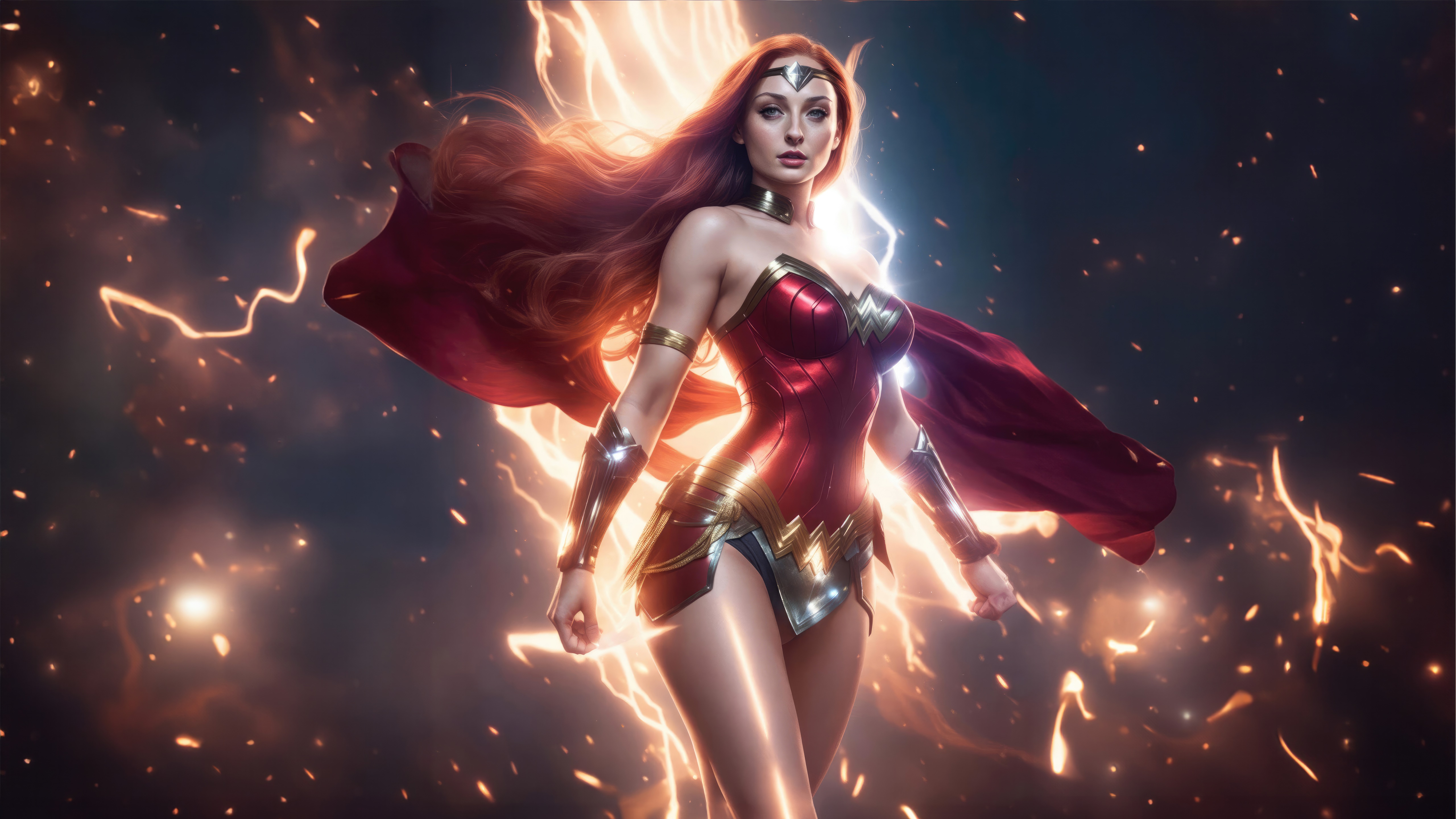 Wonder Woman with Red Hair and Lightning HD Wallpaper