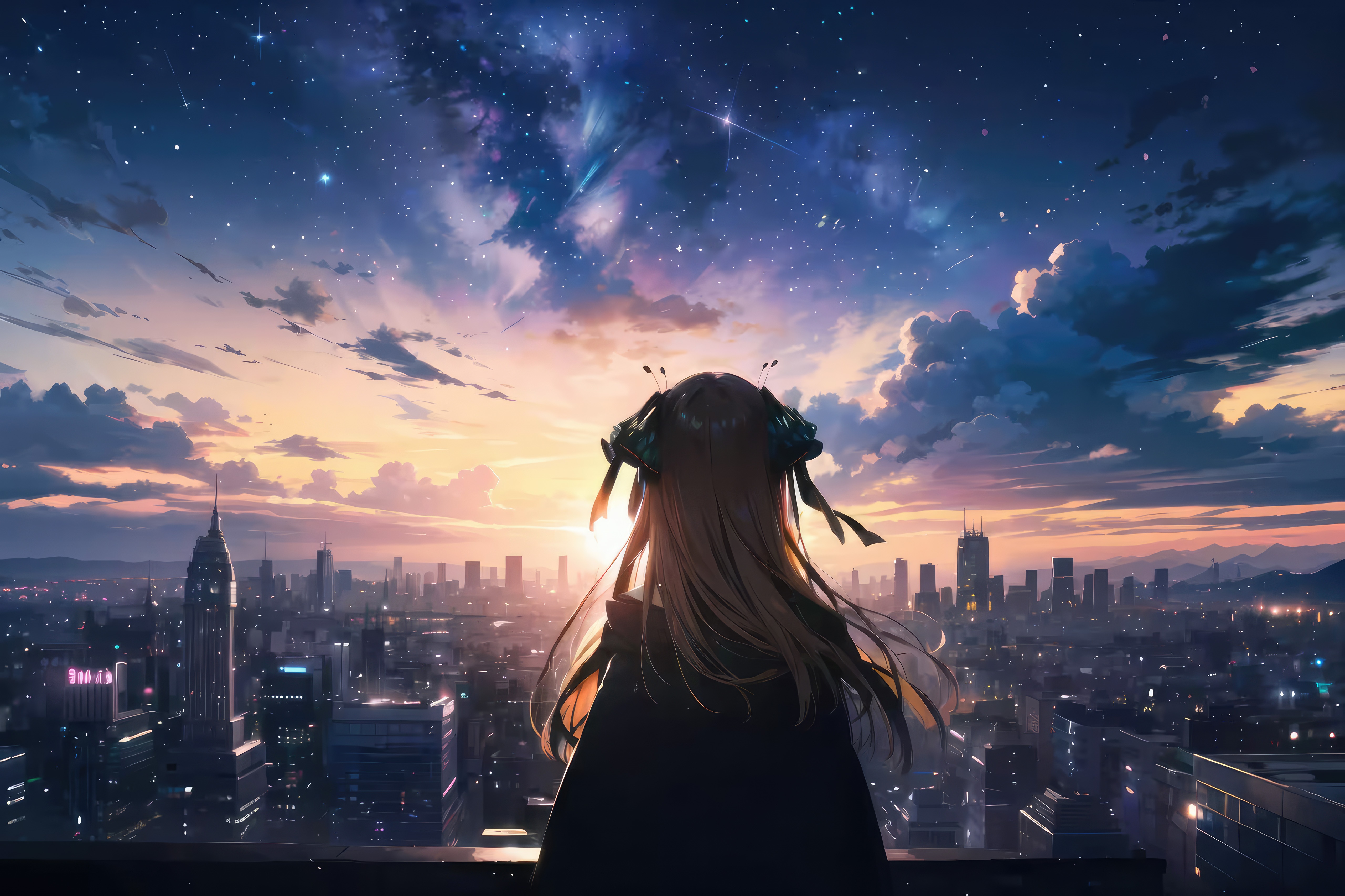 Anime girl looking at a starry sky over a city HD Wallpaper