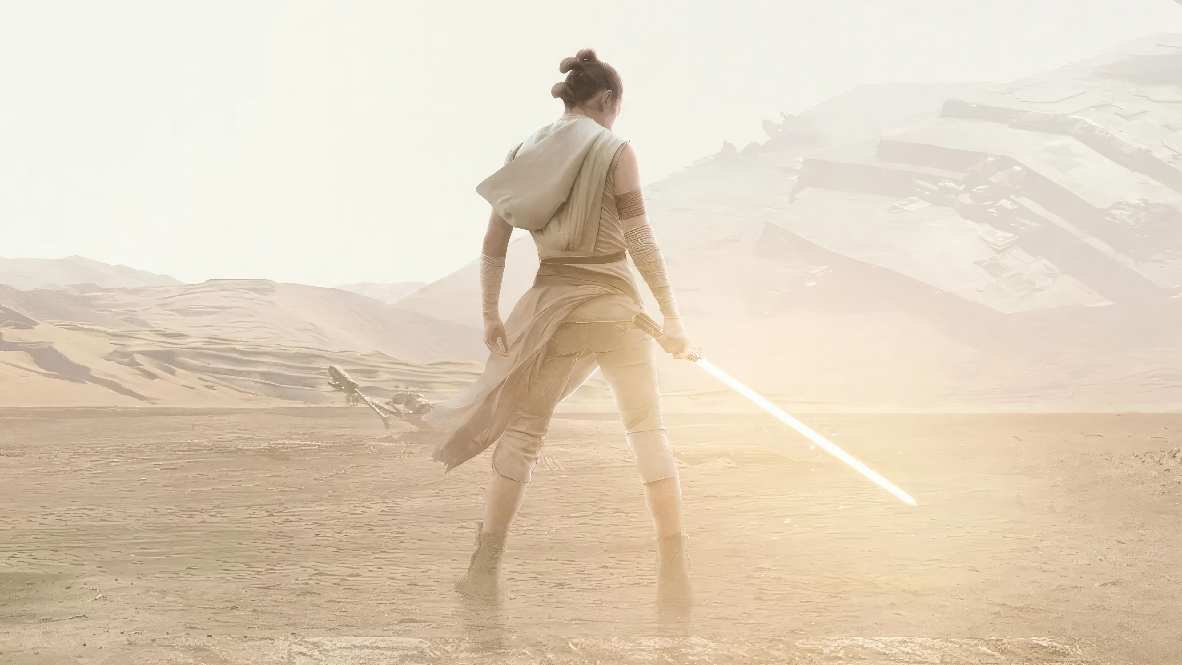 Rey with a lightsaber in Star Wars desert HD Wallpaper