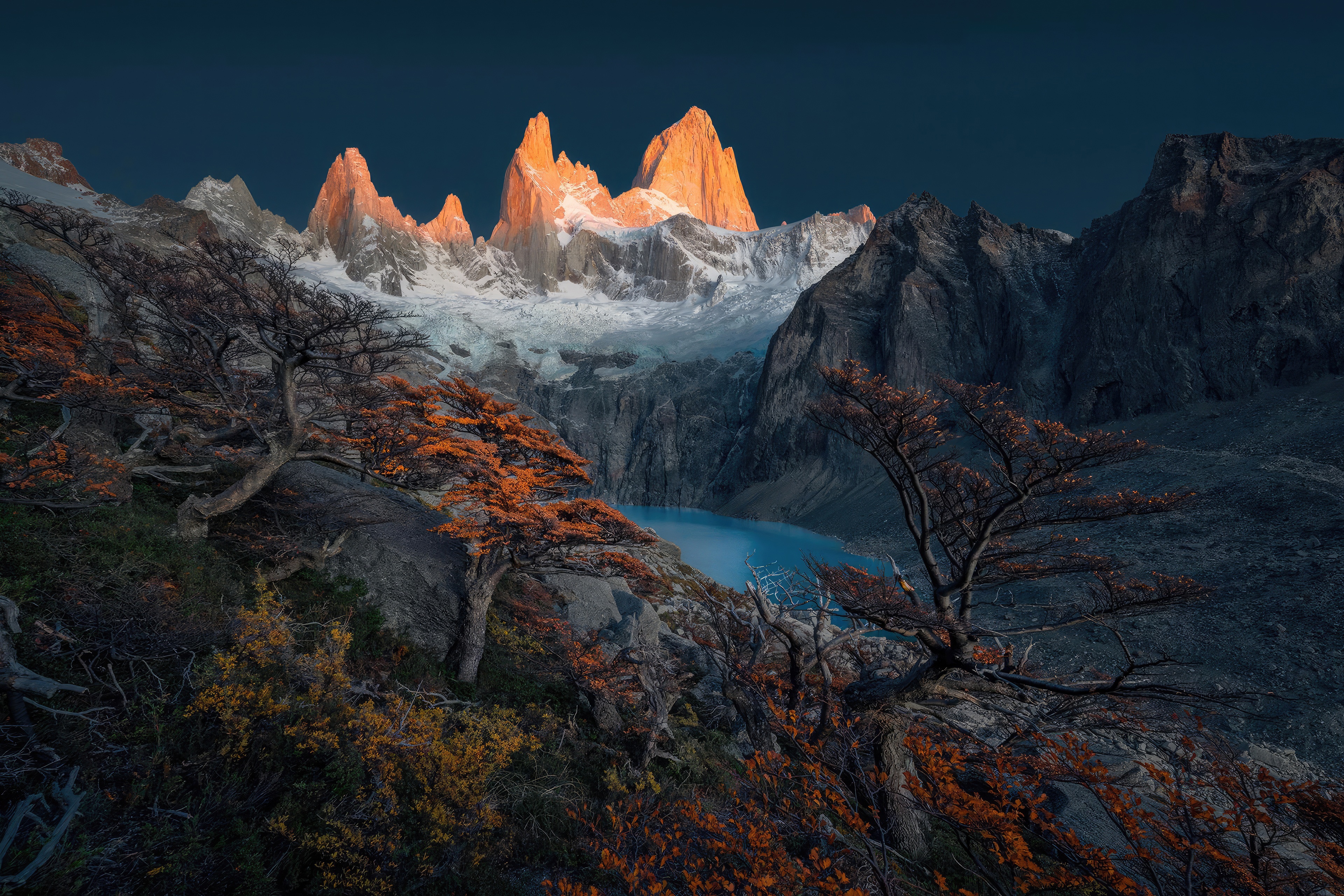 Fitz Roy Mountains at Sunrise with Autumn Trees HD Wallpaper