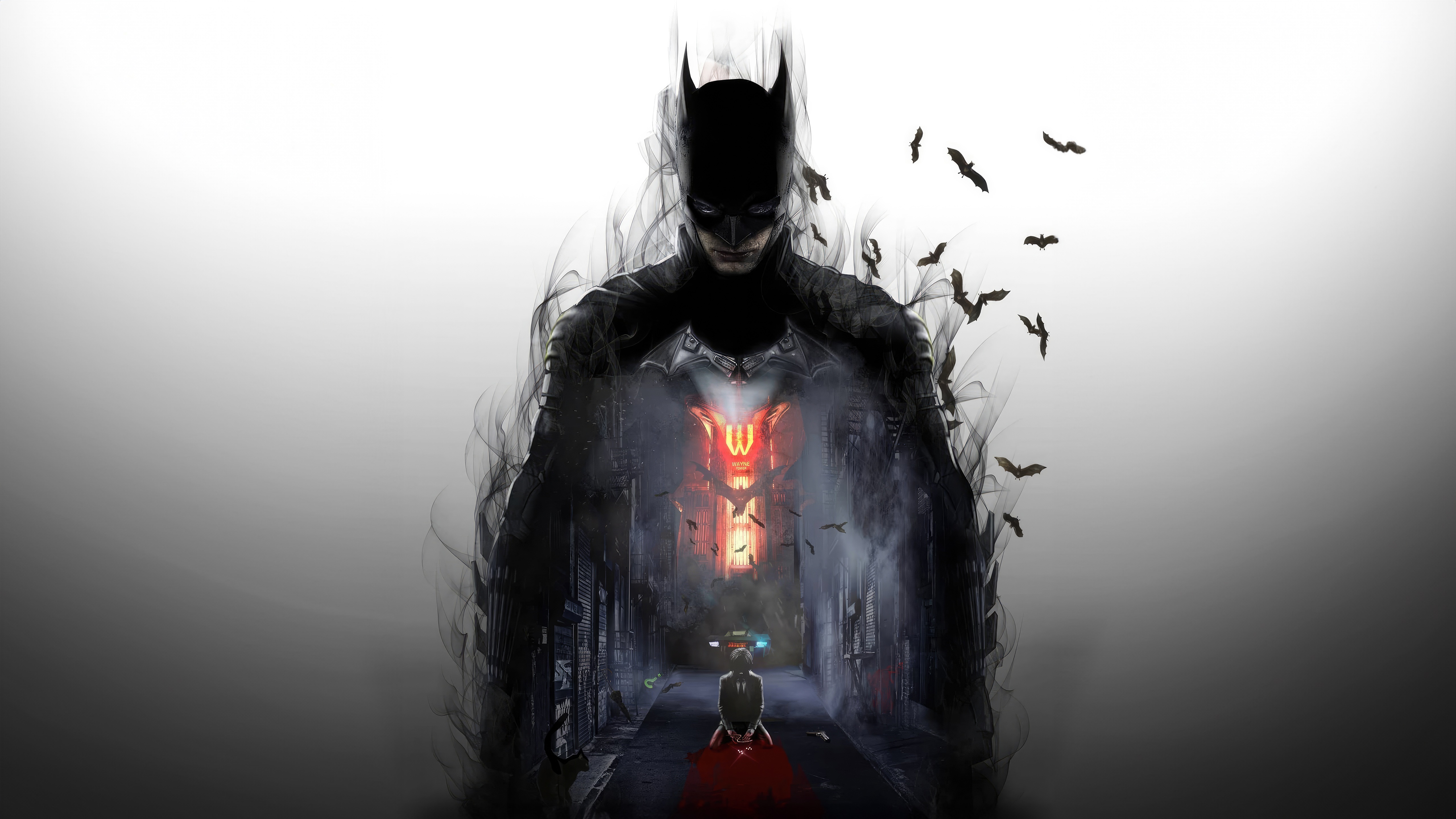 Batman in a dark alley with bats HD Wallpaper