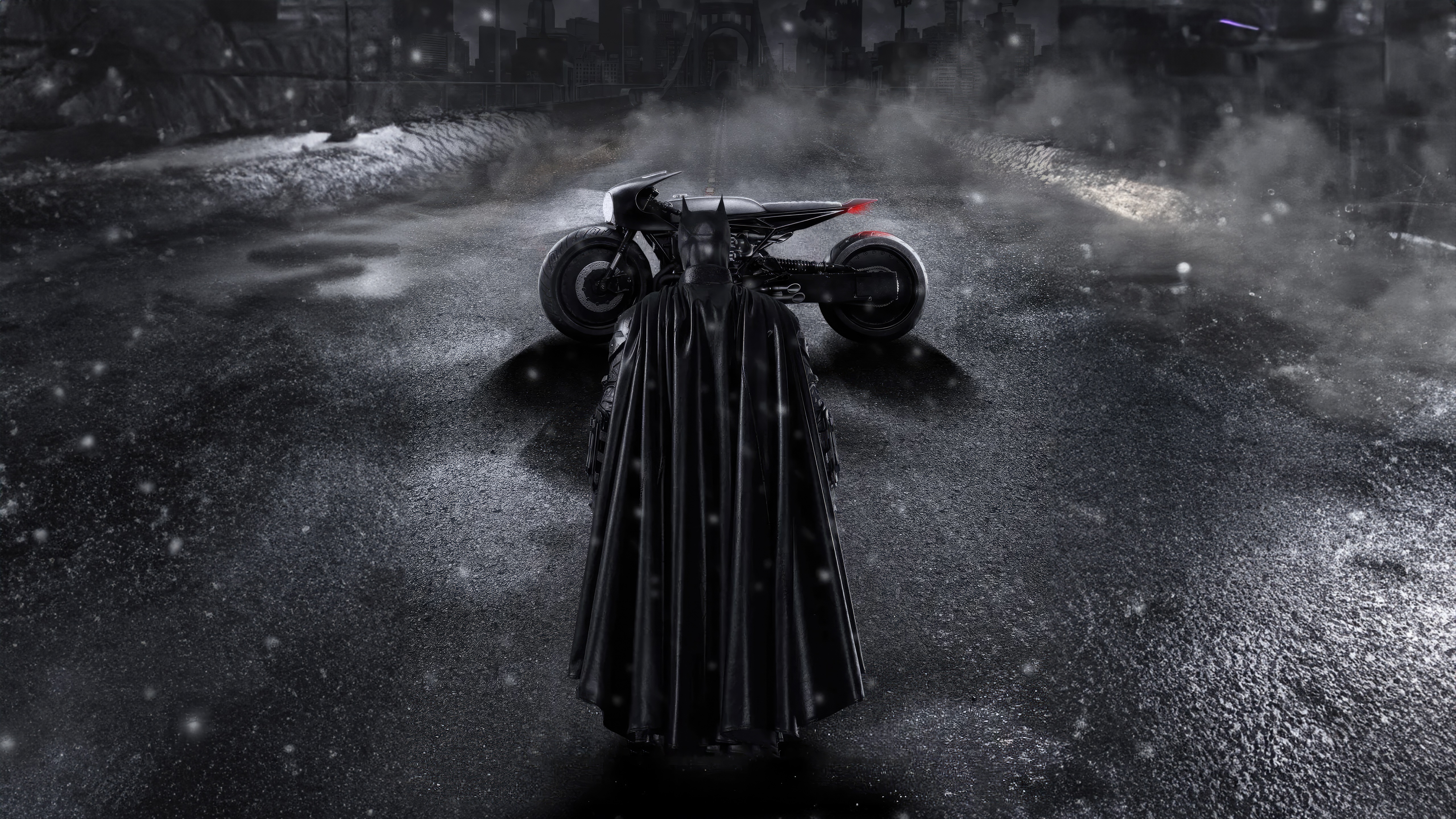 Batman and Batcycle in a Snowy City HD Wallpaper