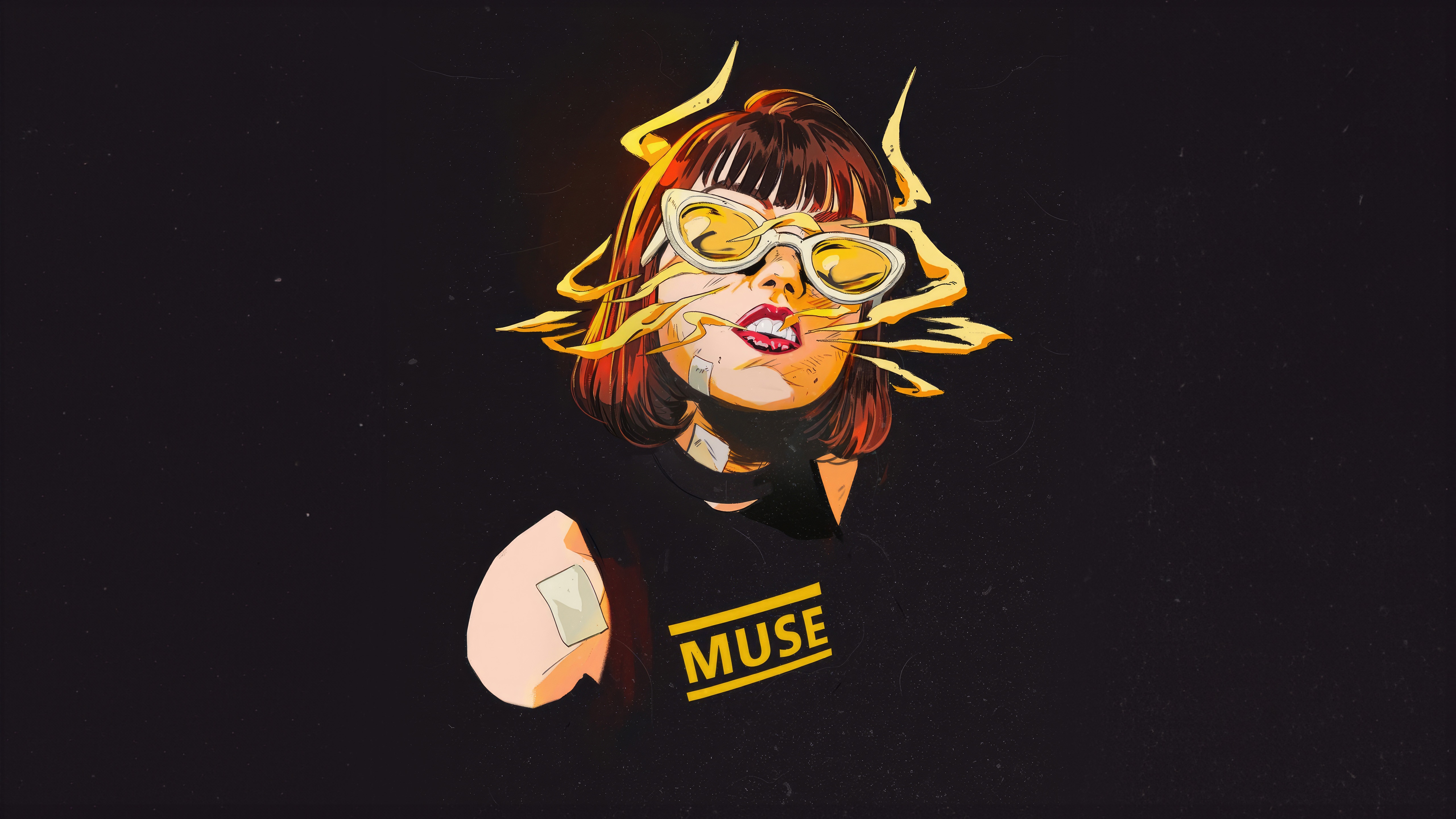 Artwork of a woman with yellow glasses and "MUSE" shirt HD Wallpaper