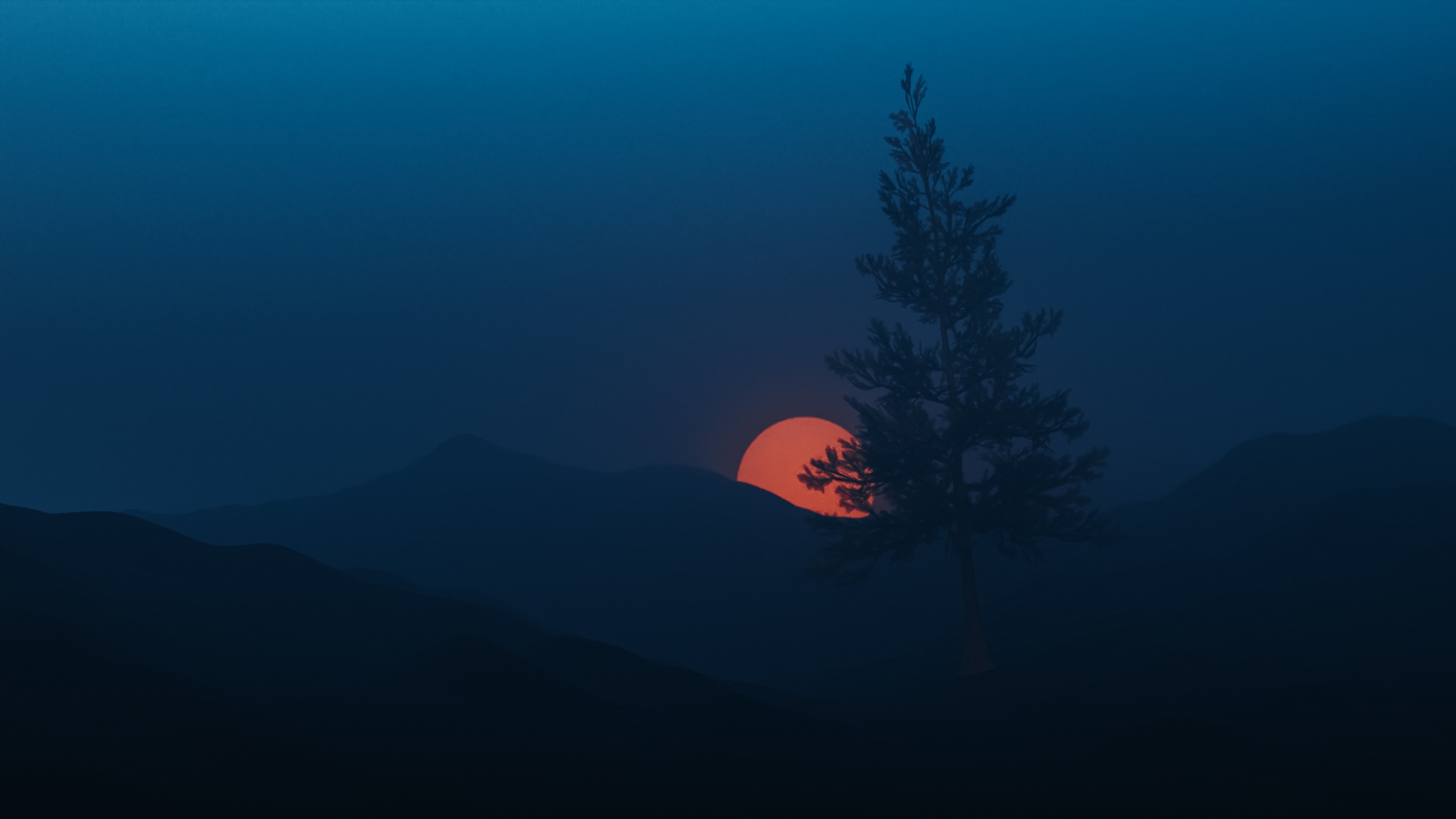 Sunset behind mountains with a tree HD Wallpaper