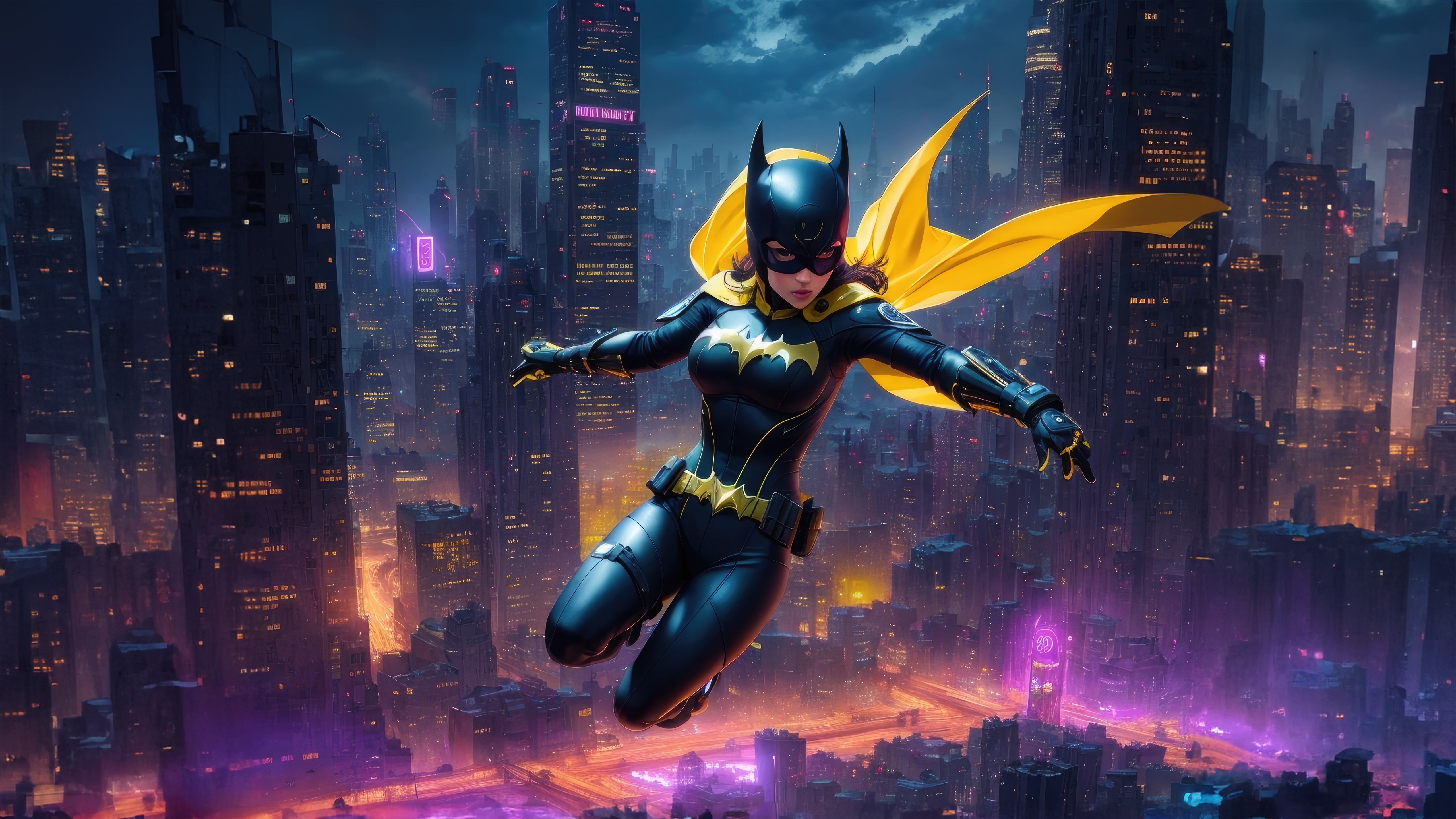 Batgirl flying over a futuristic city at night HD Wallpaper