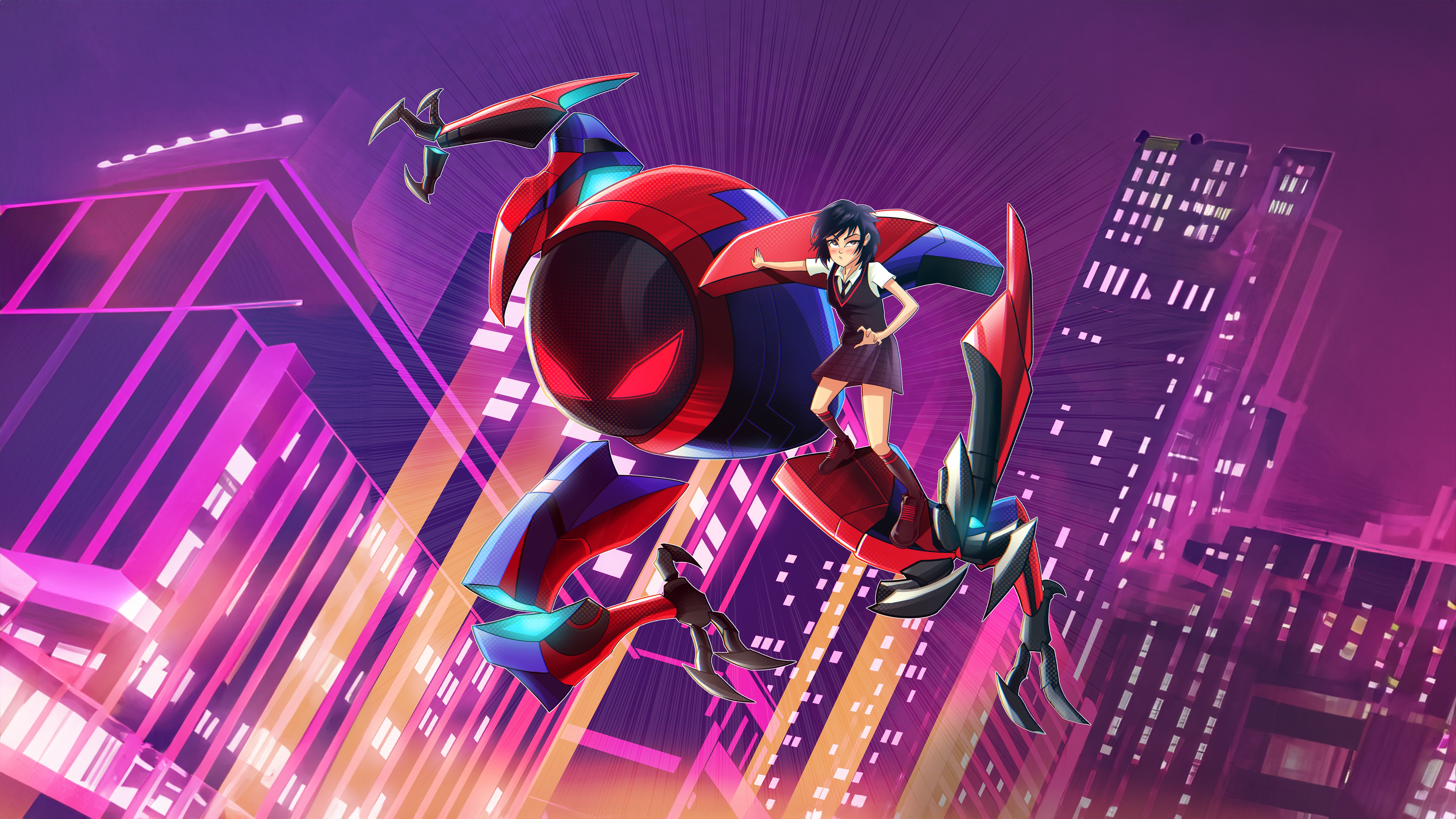 Spider-Man and a girl in a mech suit HD Wallpaper