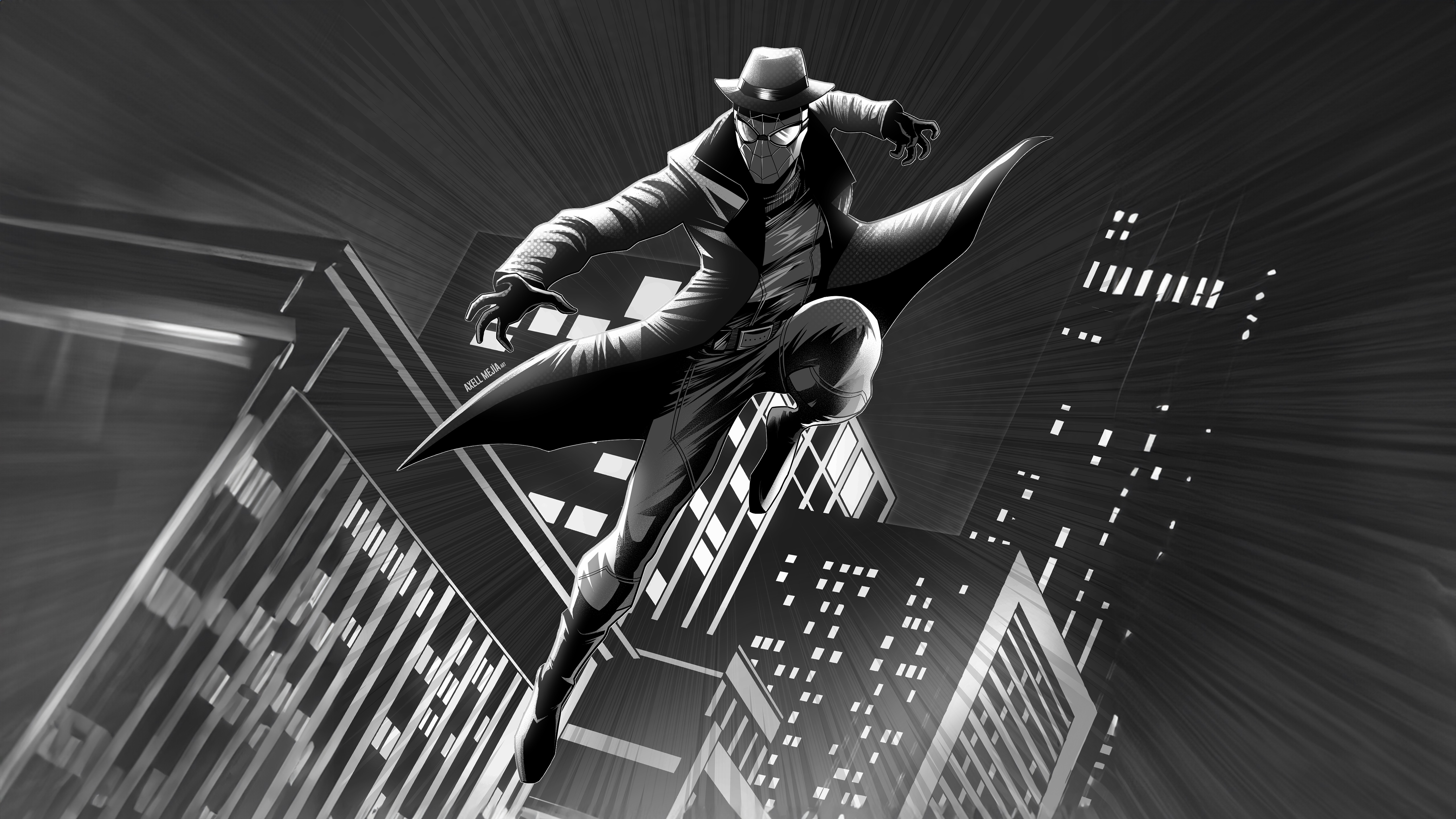 Spider-Man Noir leaping between buildings in black and white HD Wallpaper